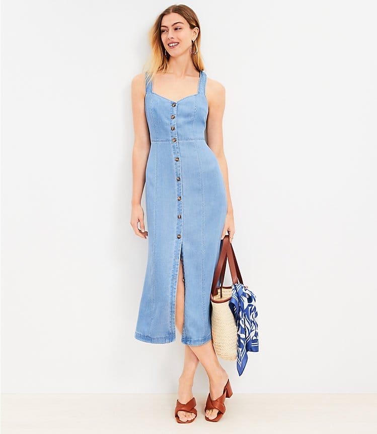 Chambray Crossover Back Button Midi Dress