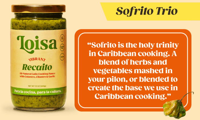 Sofrito Trio "Sofrito is the holy trinity in Caribbean cooking. A blend of herbs and vegetables mashed in your pilon, or blended to create the base we use in Caribbean cooking."