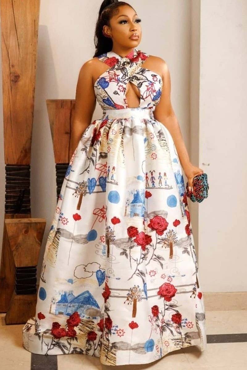Cross Halter Sleeveless Cut Out Floral Sketch Print Formal Party Maxi Dresses-Beige [Pre Order]