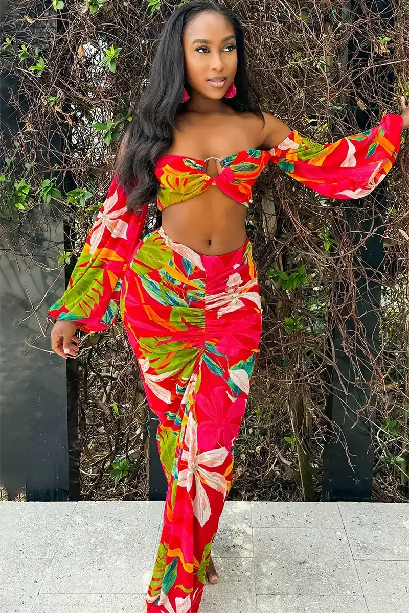Tropical Print Off Shoulder Lantern Sleeve Crop Top Ruched Maxi Skirt Matching Set-Red [Pre Order]