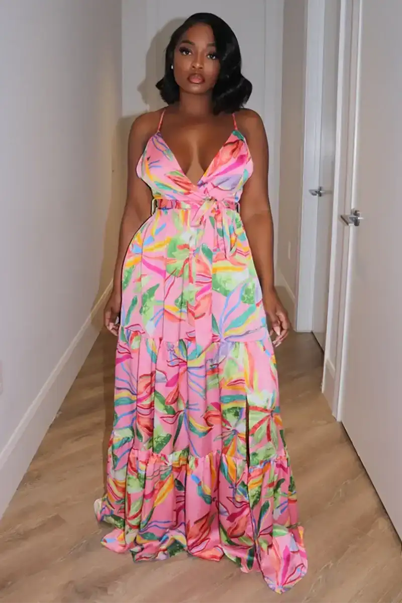 Floral Print Deep V Neck A-Line Vacation Slip Maxi Dresses-Pink