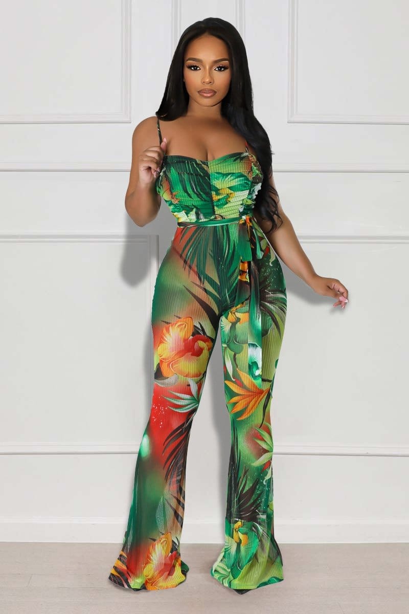 Tropical Print Knotted Waist Slim-Fit Cami Flare Leg Jumpsuit-Green [Pre Order]