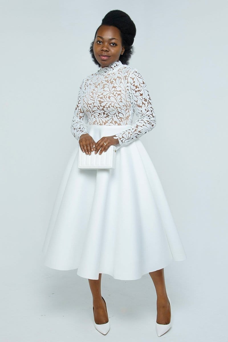Elegant Stand Collar Long Sleeve Lace Patchwork A-Line Midi Dresses-White