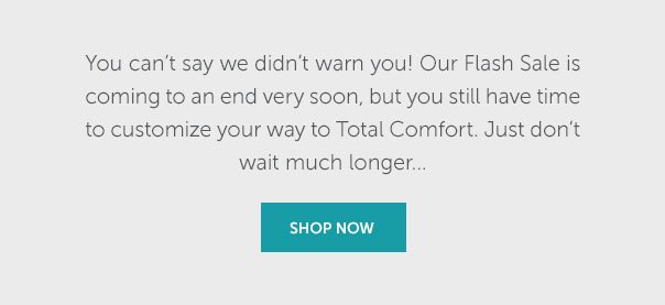 You can't say we didn't warn you! Our Flash Sale is coming to an end very soon, but you still have time to customize your way to Total Comfort. Just don't wait much longer | SHOP NOW >>