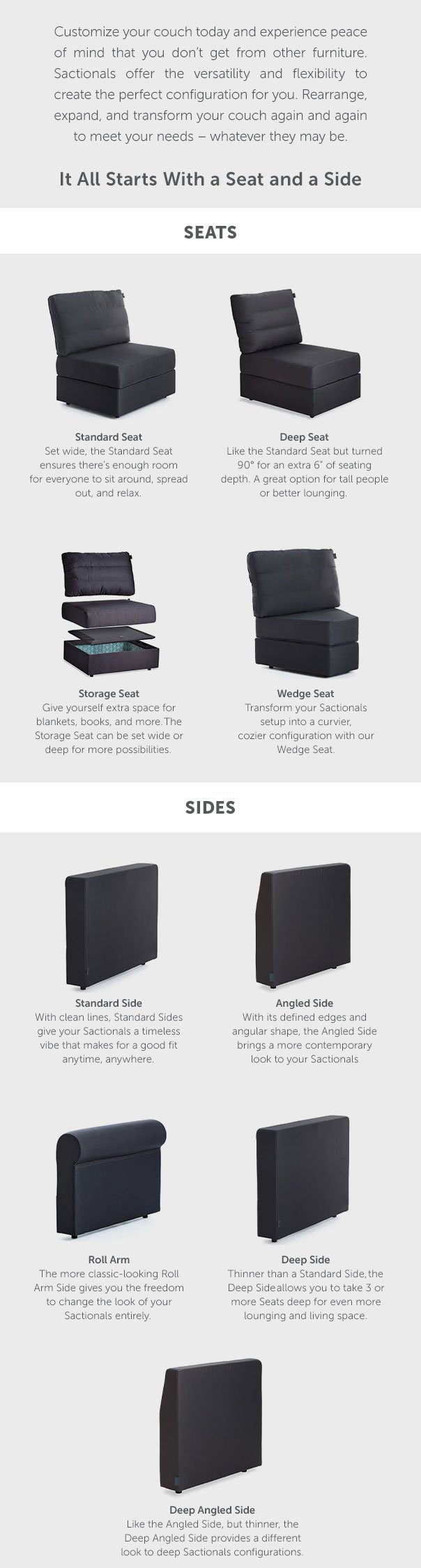 Customize your couch today and experience peace of mind that you don't get from other furniture. Sactionals offer the versatility and flexibility to create the perfect configuration for you. Rearrange, expand, and transform your couch again and again to meet your needs - whatever they may be.