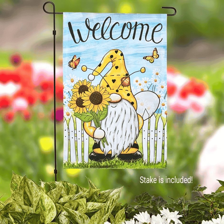 Bee Gnome Welcome Garden Flag with Metal Pole