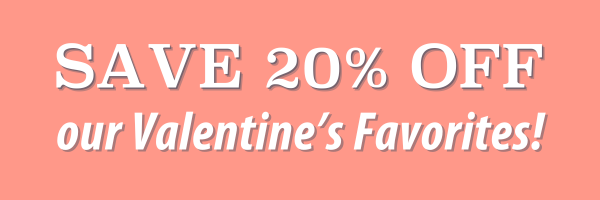 White text on a coral pink background, "SAVE 20% OFF our Valentine's Favorites!"