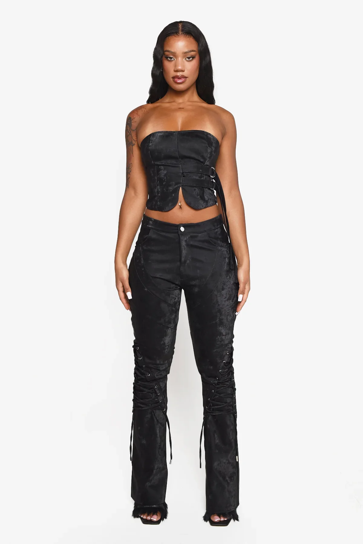 Image of Black Lace Up Detail Trouser