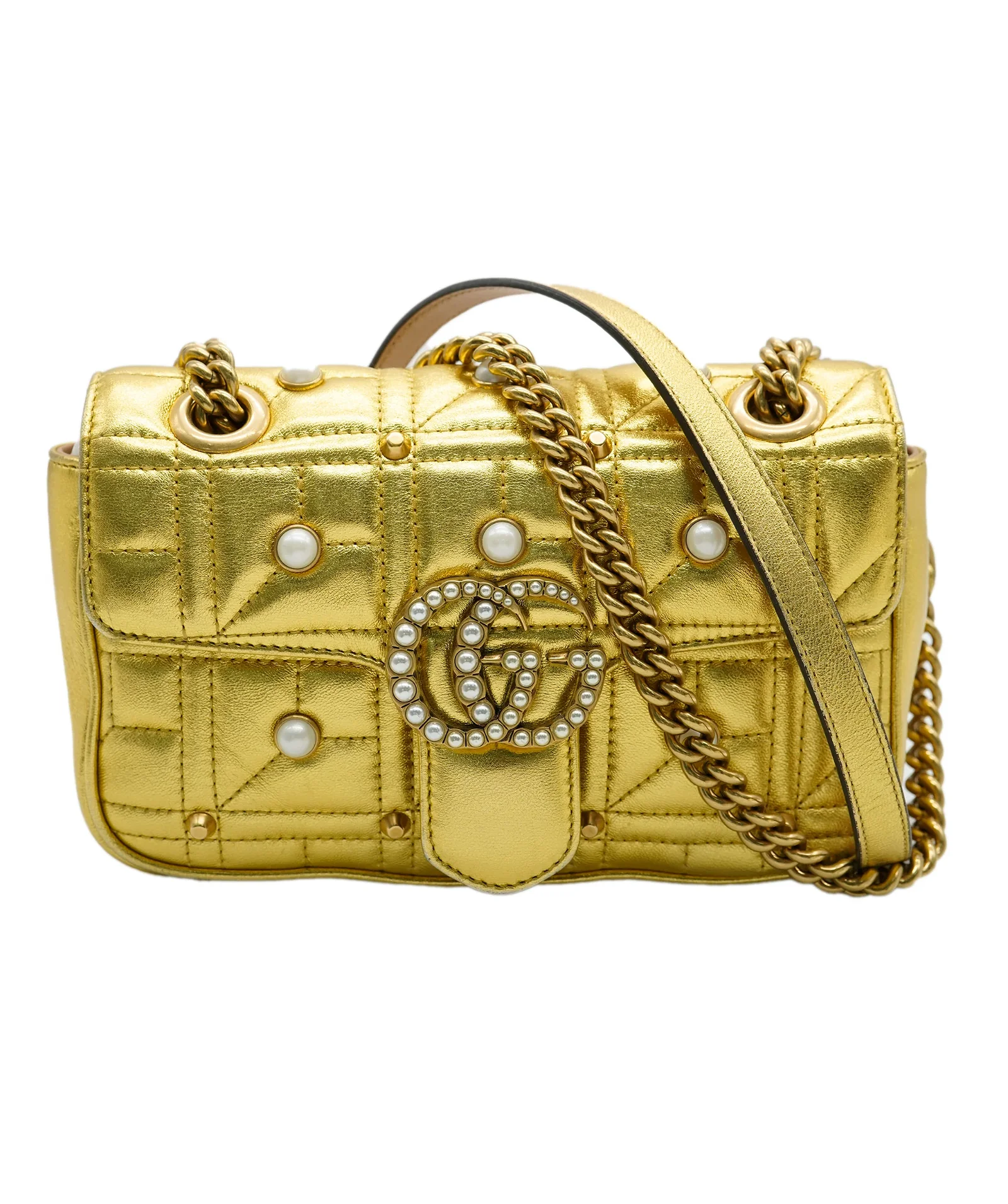Image of Gucci Gold Calfskin Mini Studded Pearly GG Marmont Bag ABC0540