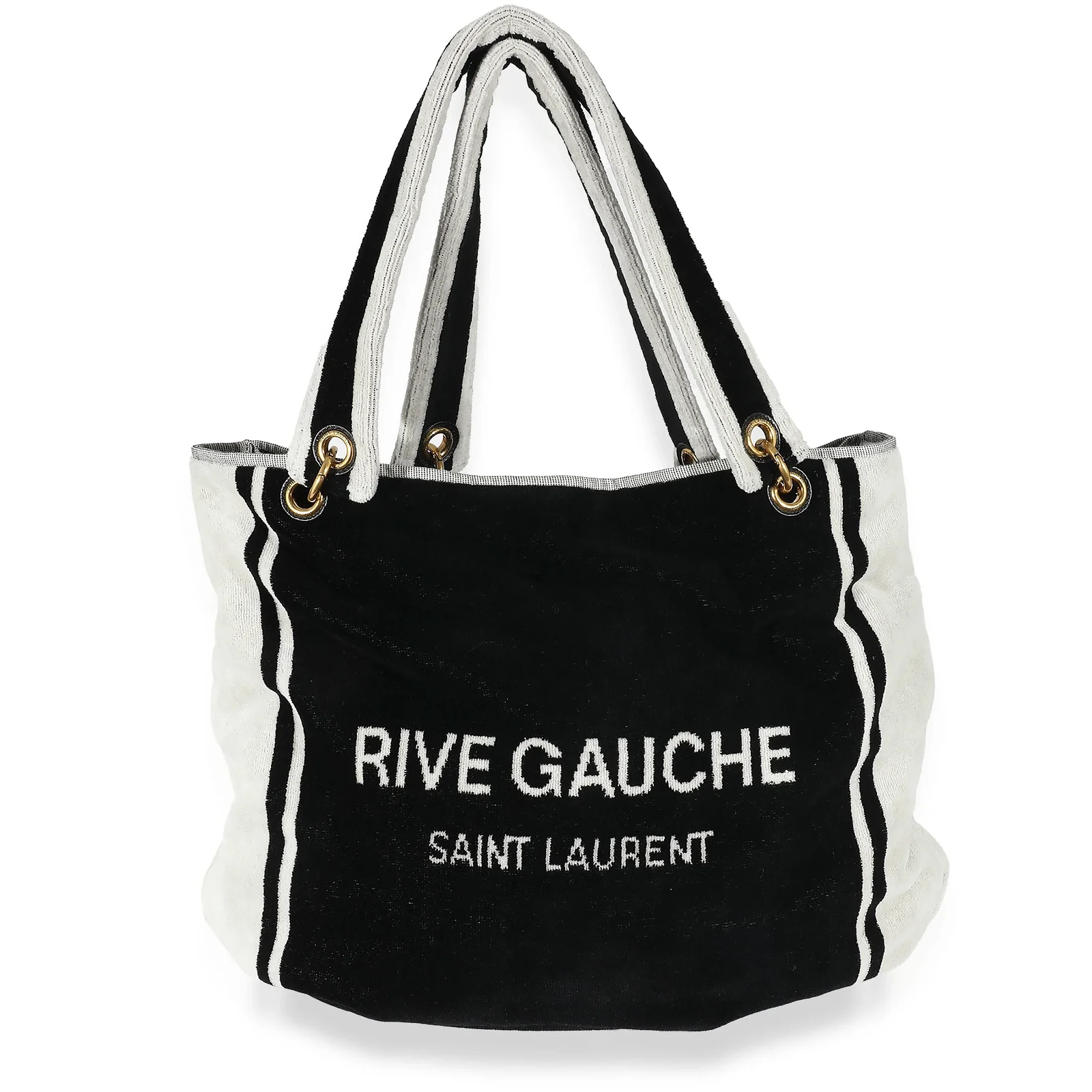 Image of Saint Laurent Rive Gauche Black White Terry Cloth Beach Towel Tote