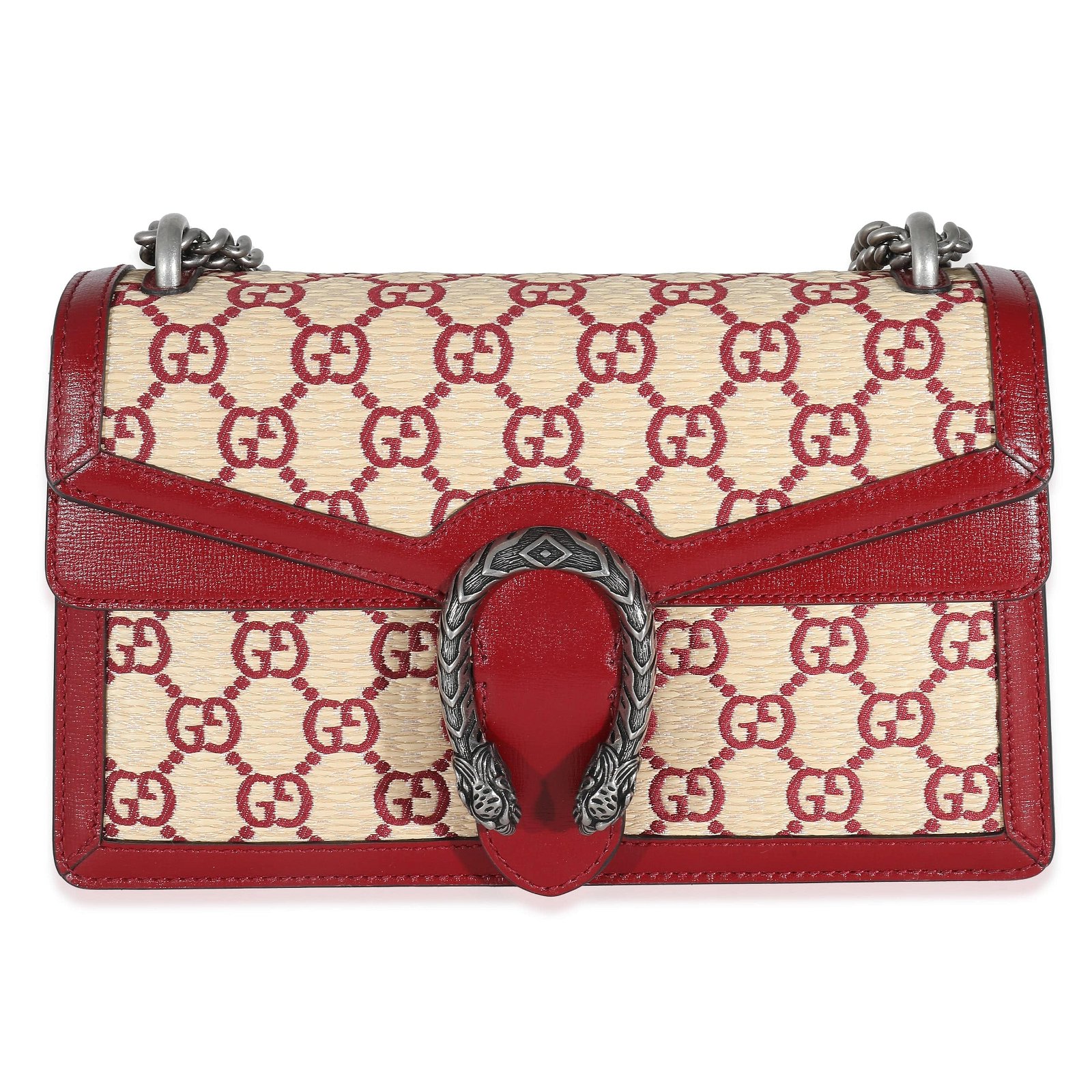 Image of Gucci Natural Red Straw Azalea Calfskin GG Monogram Small Dionysus Bag