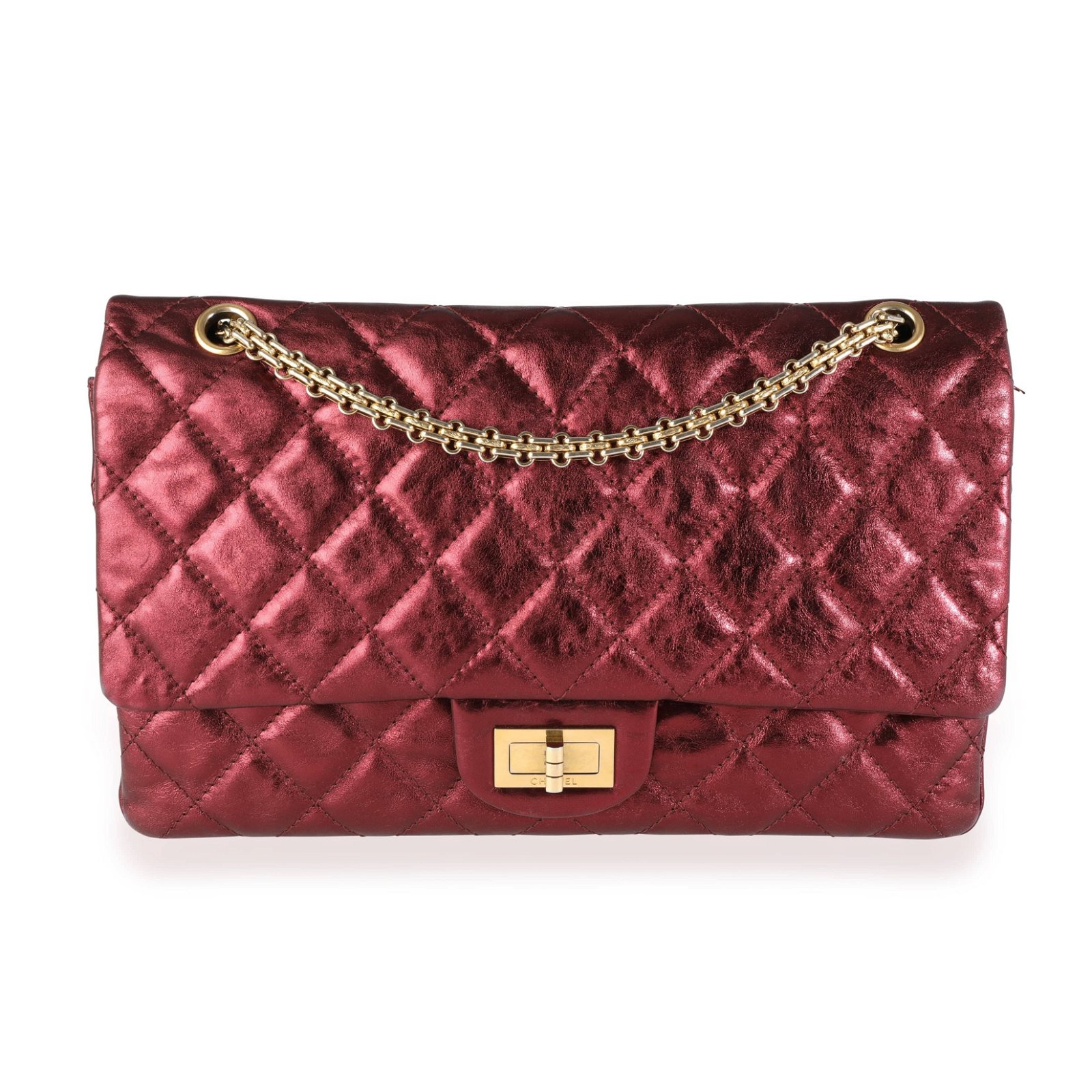 Image of Chanel Metallic Burgundy Quilted Calfskin Reissue 2.55 227 Double Flap Bag