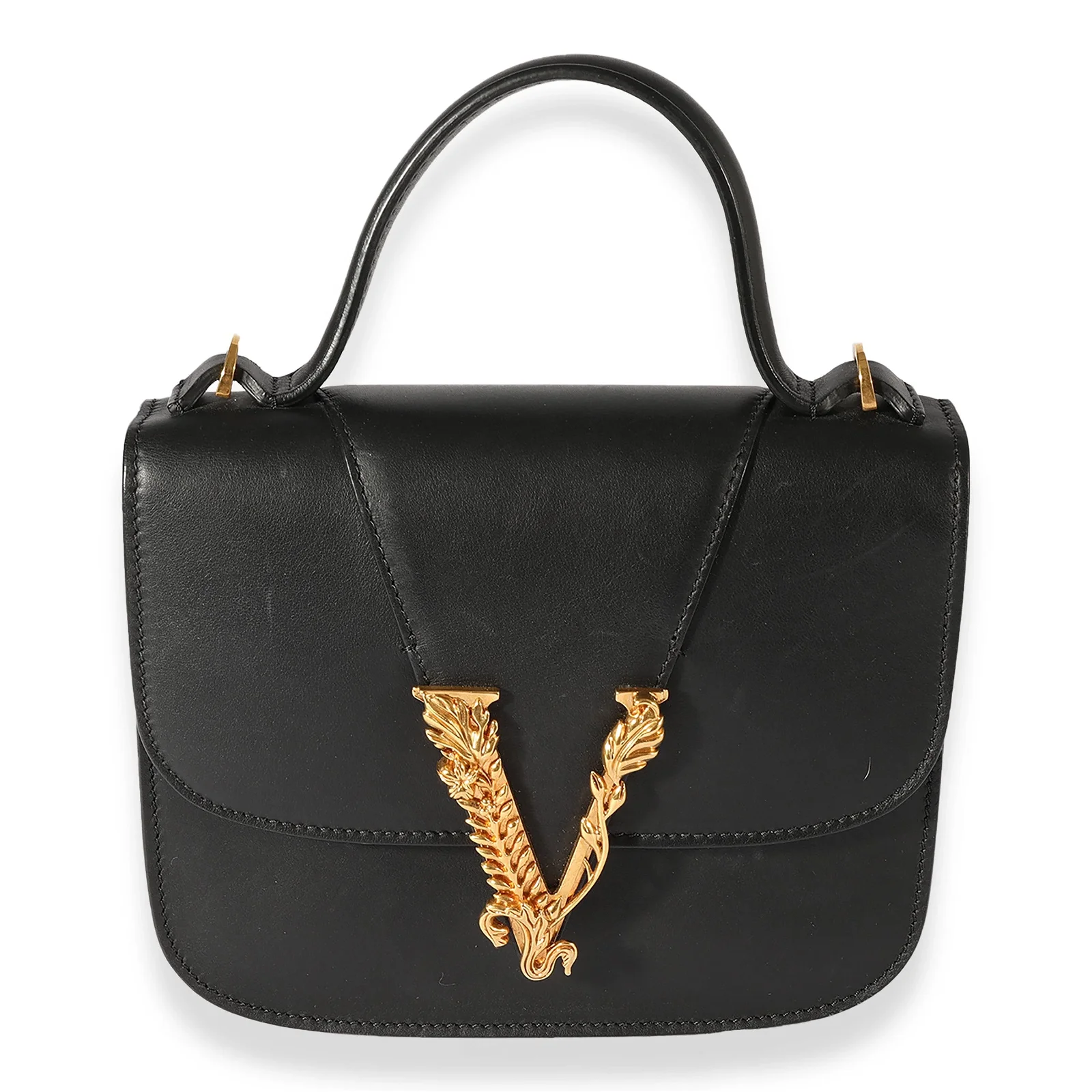 Image of Versace Black Smooth Leather Virtus Barocco V Small Top Handle