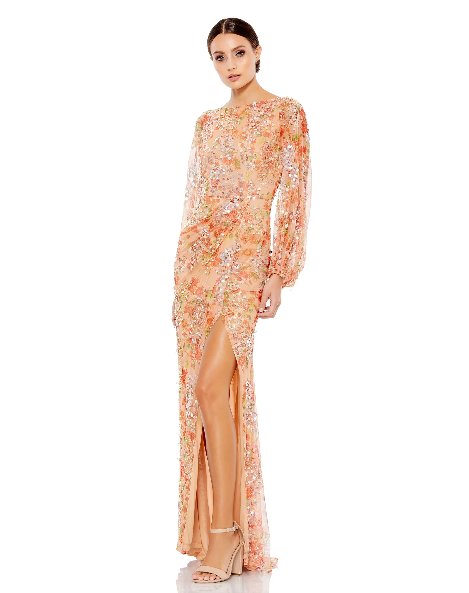 Image of Floral Print Sequined Puff Sleeve Gown