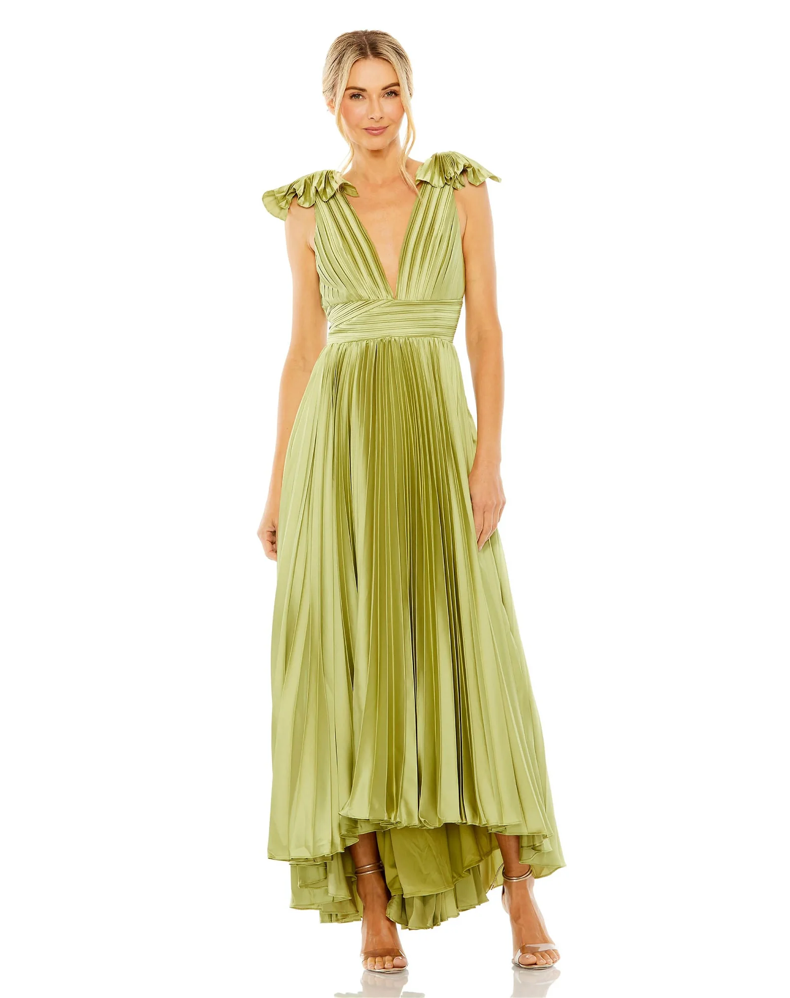 Image of Ruffle Top Sleeveless V Neck Pleated Gown
