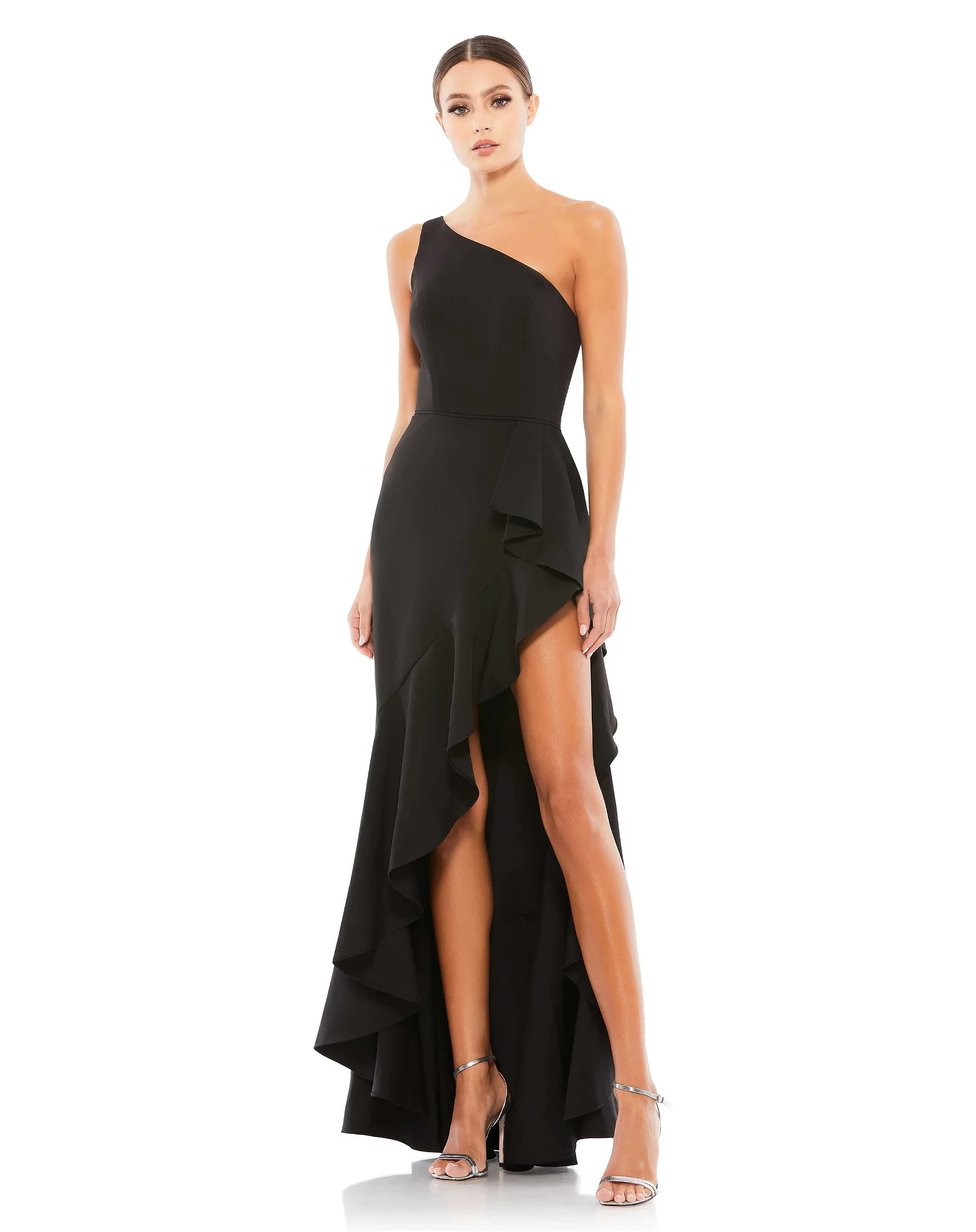 Image of One Shoulder High Slit Ruffle Gown