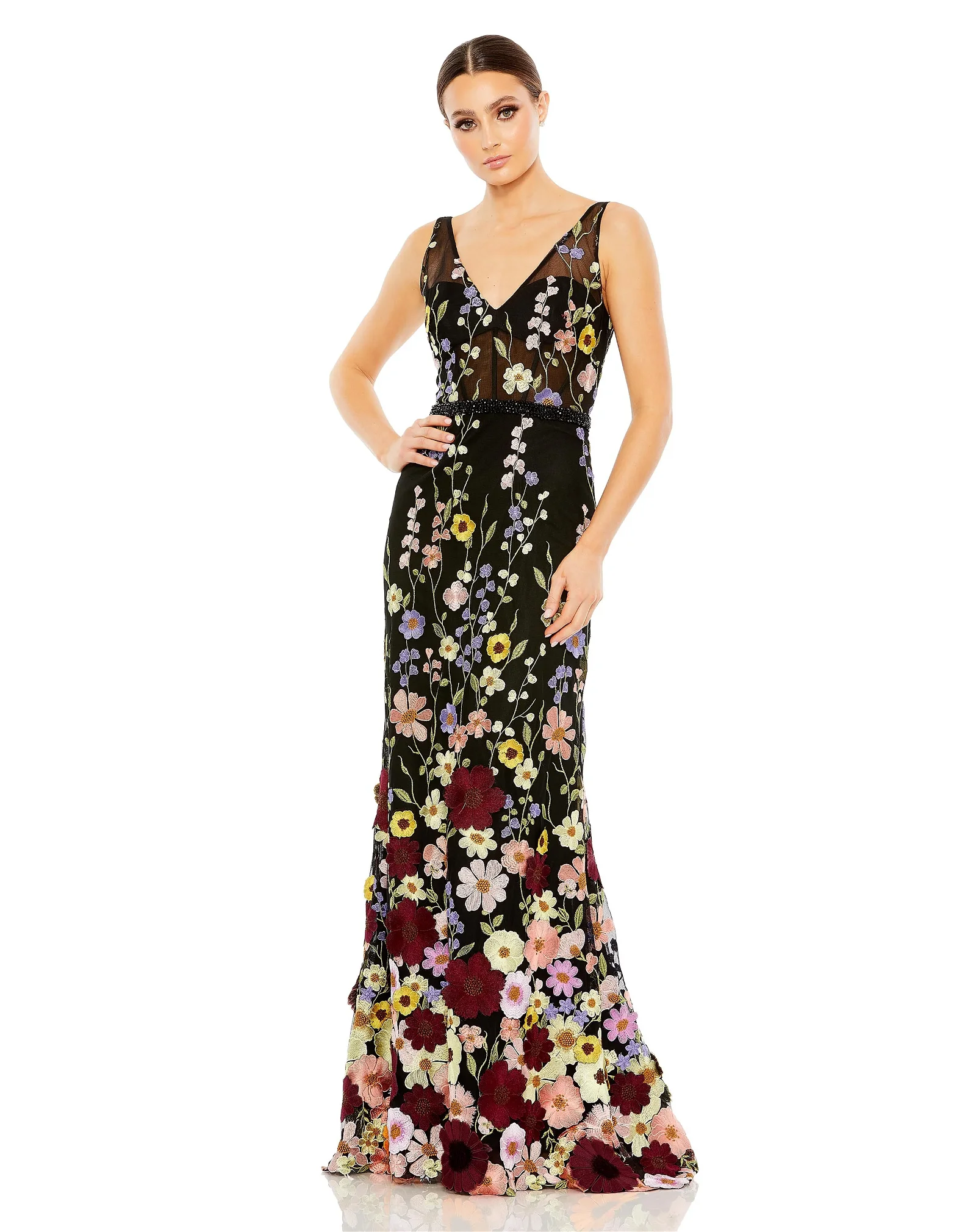 Image of Embroidered Tulle Sleeveless V Neck A Line Gown