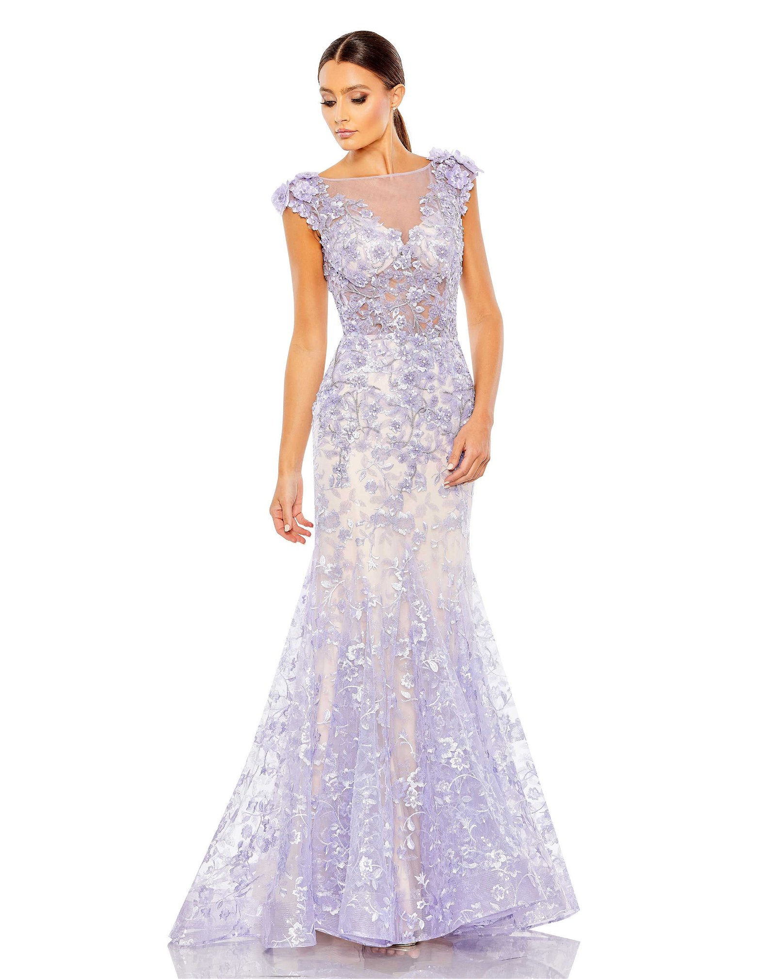 Image of Embellished Cap Sleeve Cowl Neck Trumpet Gown