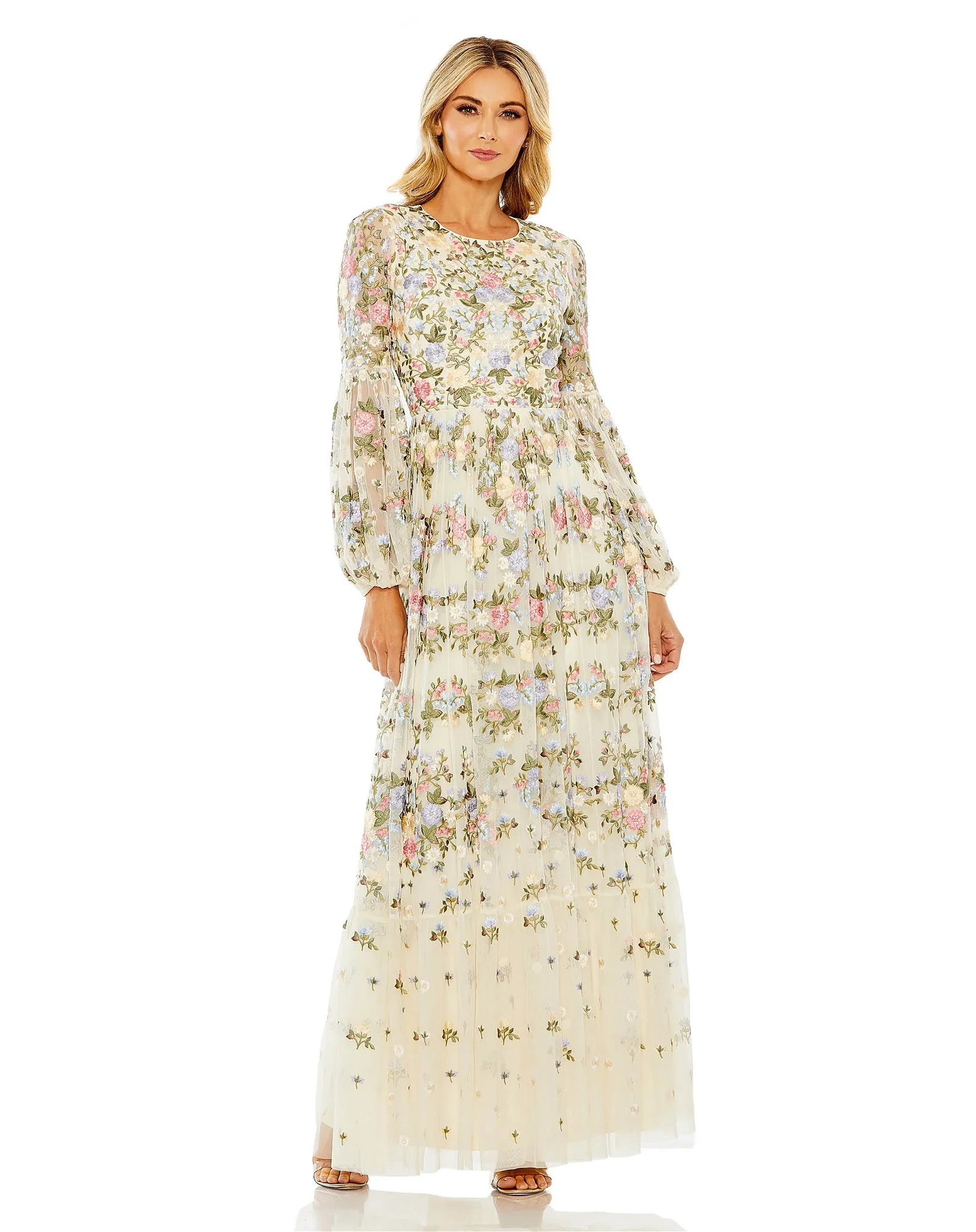 Image of High Neck Floral Embroidered Puff Sleeve Gown