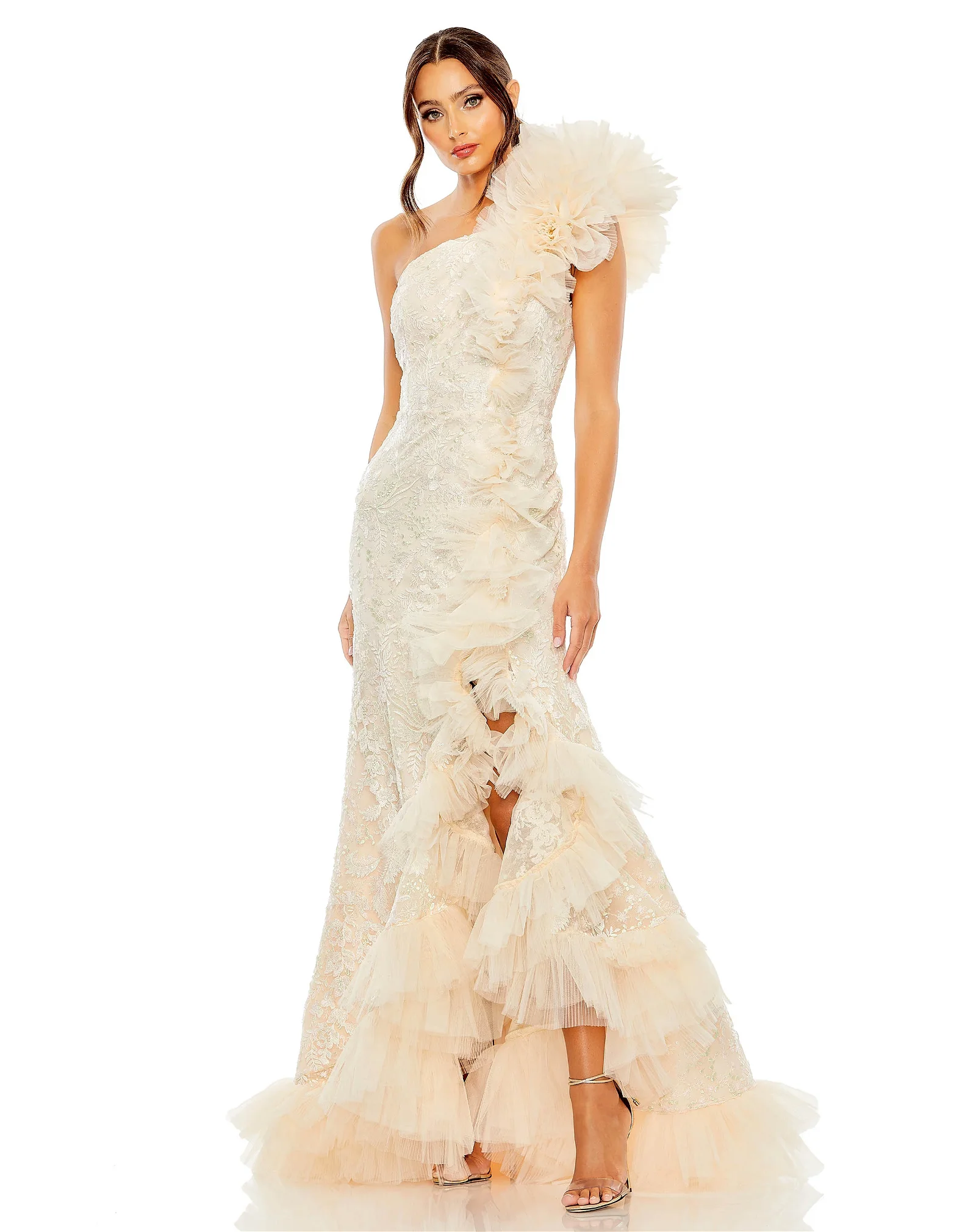 Image of One Shoulder Ruffle High Low Tulle Gown
