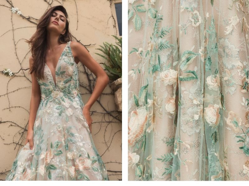Floral Embroidered Illusion V-Neck Gown