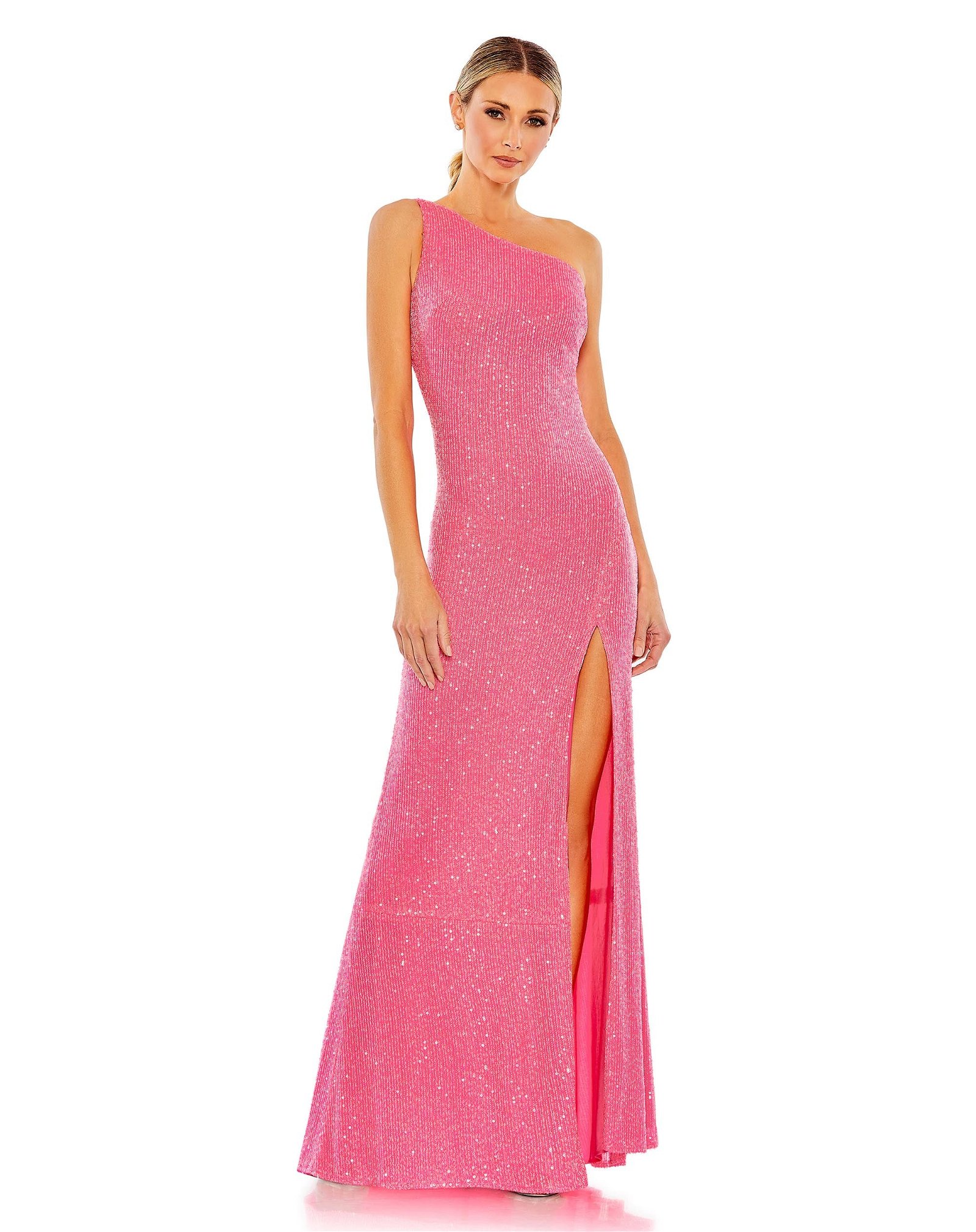 Image of Sequined One Shoulder Draped Back Gown