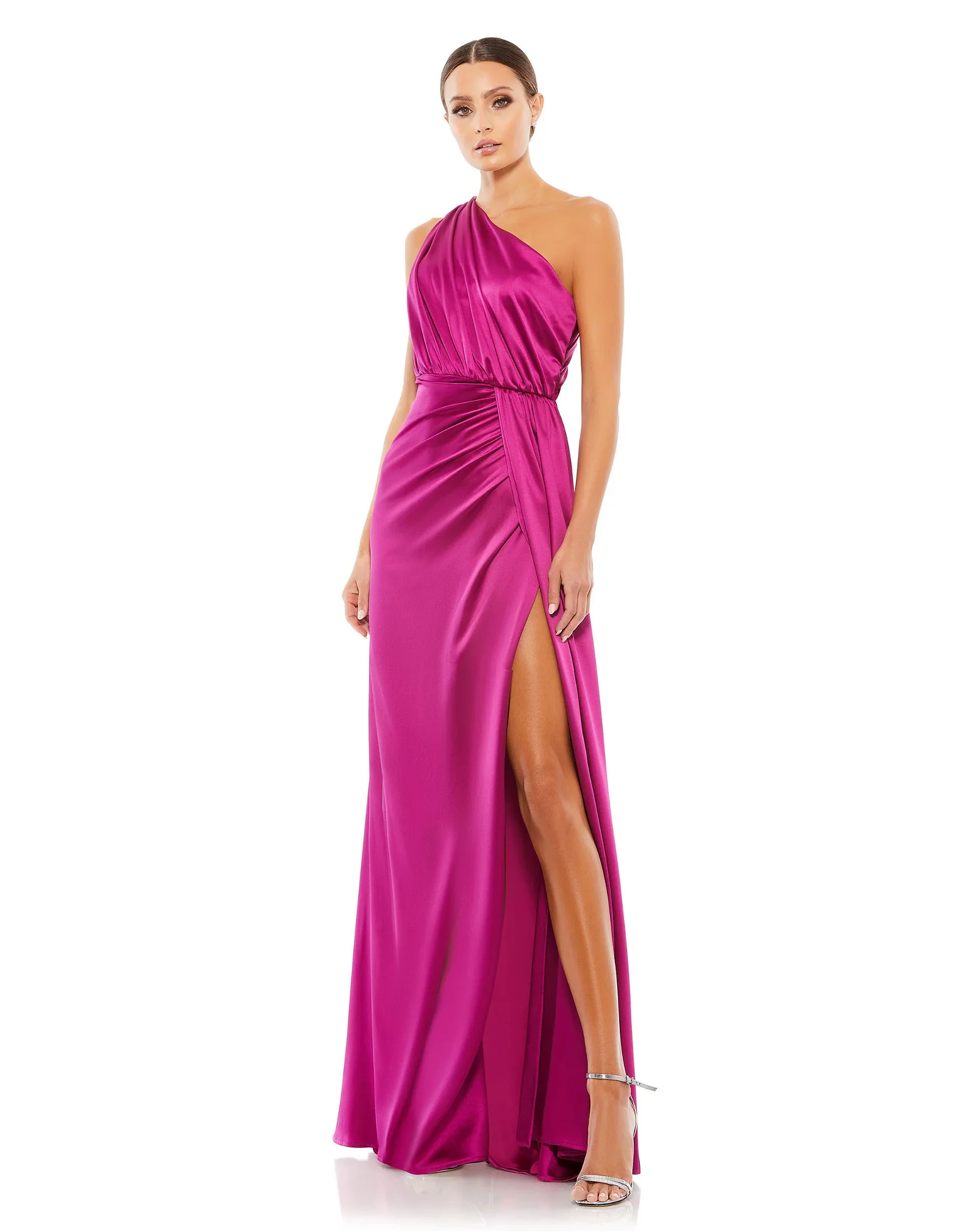 Image of Gathered One Shoulder Satin Faux Wrap Gown