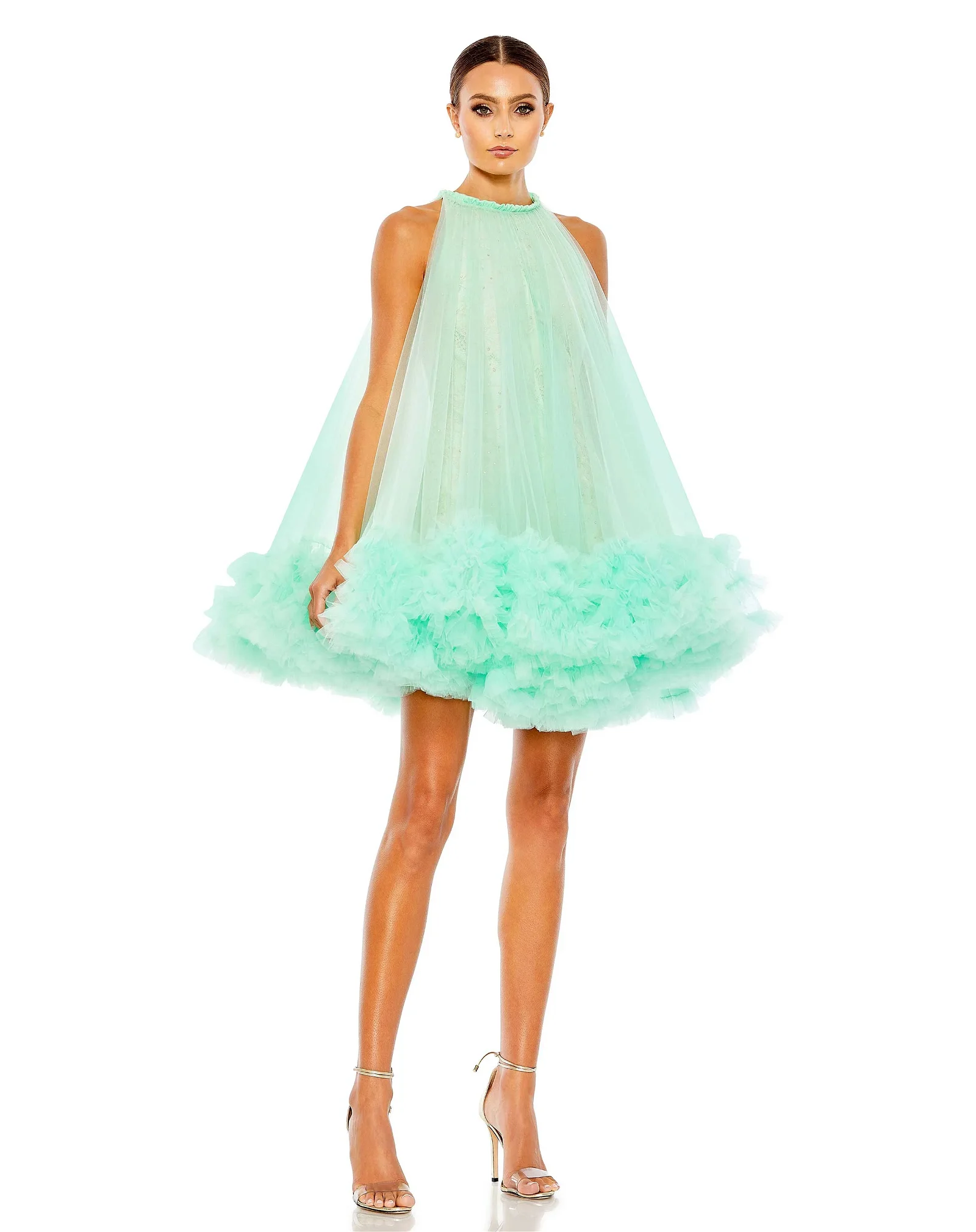 Image of High Neck Gathered Tulle A-Line Swing Dress