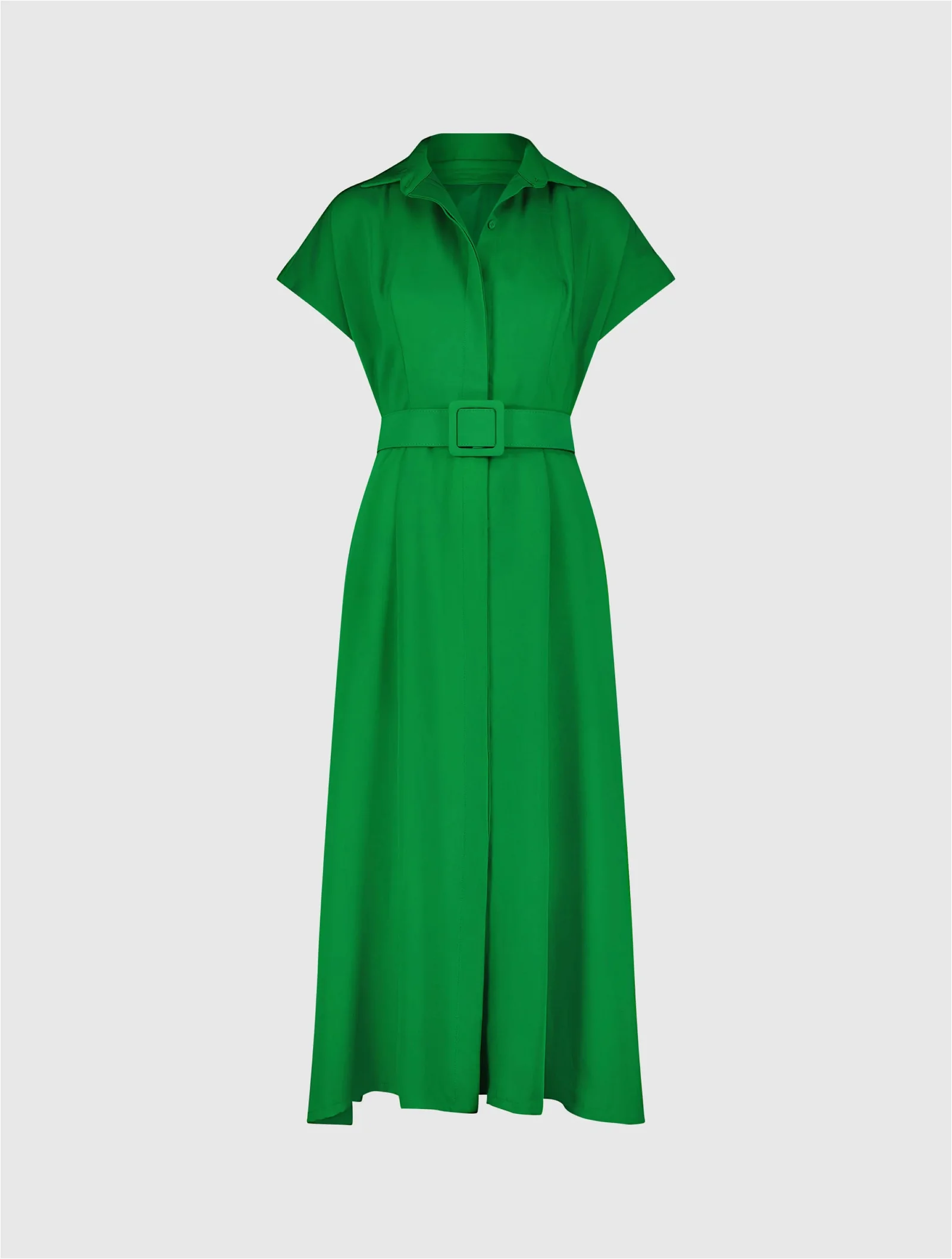 Image of Crepe Collared Short Sleeve Midi Dress With Belt