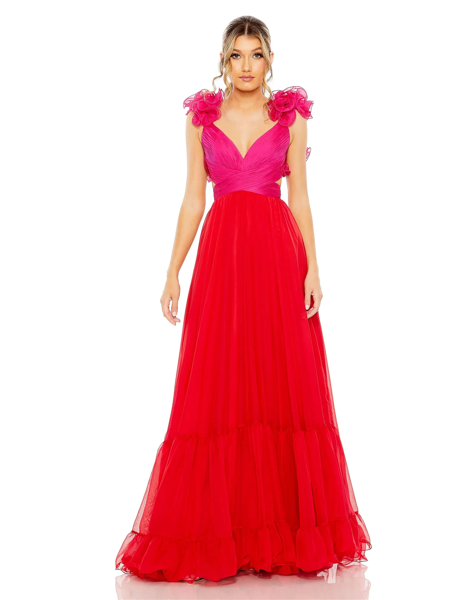 Image of Ruffle Tiered Cut Out Lace Up Chiffon Gown