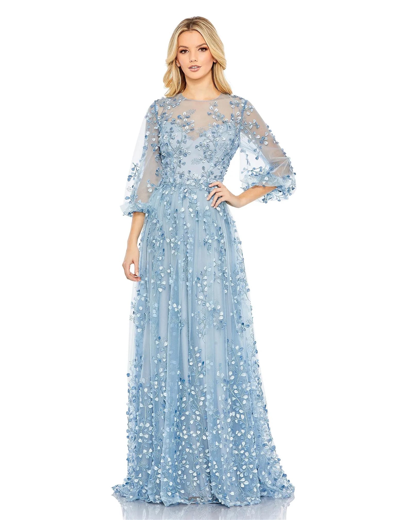 Image of Embroidered Puff Sleeve A-Line Gown