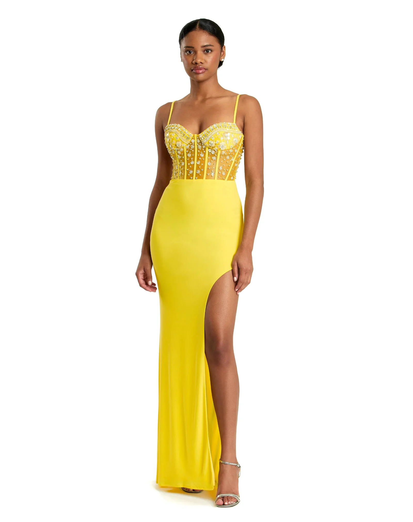 Image of Spaghetti Strap Beaded Sheer Bodice Gown with Slit