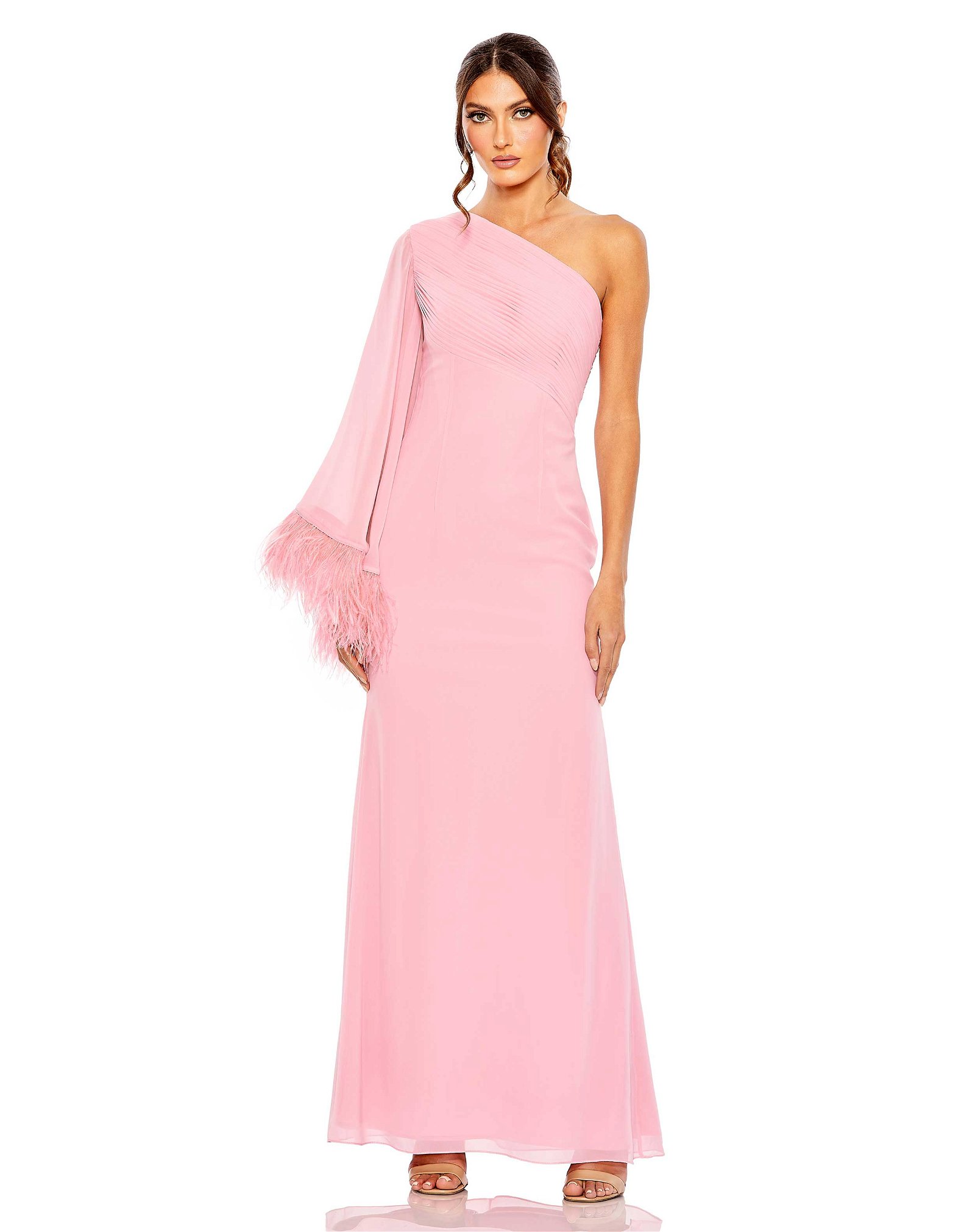 Image of Feather Cuff One Shoulder Ruched Gown