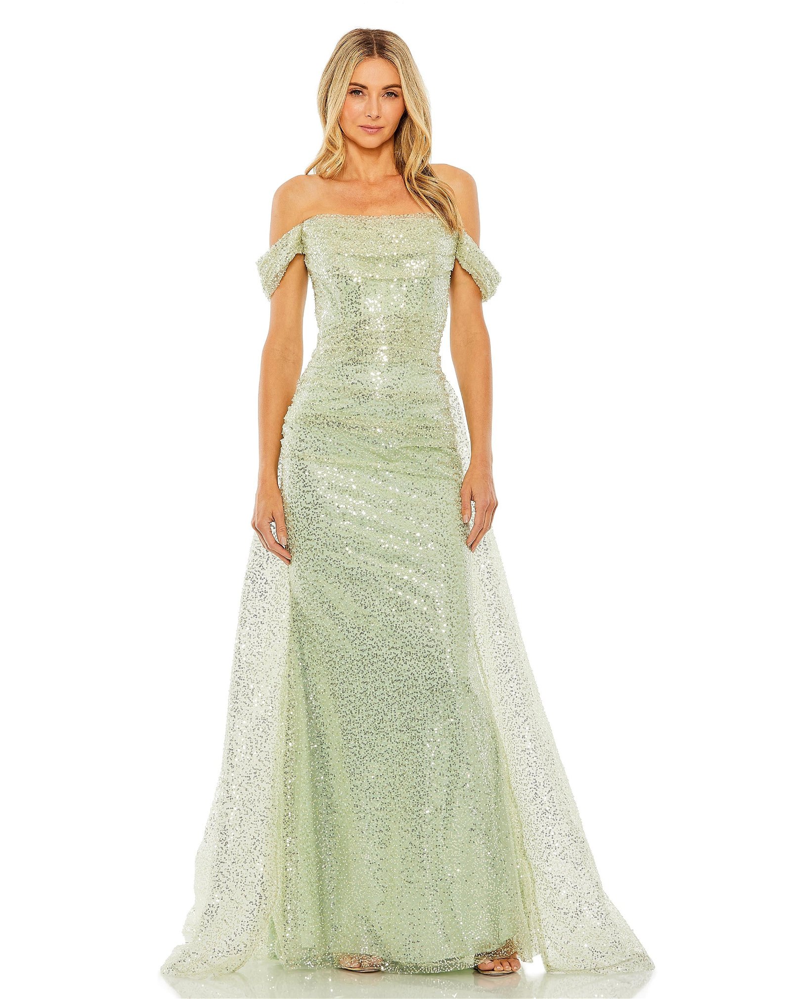 Image of Off the Shoulder Sequin Panel Train Gown