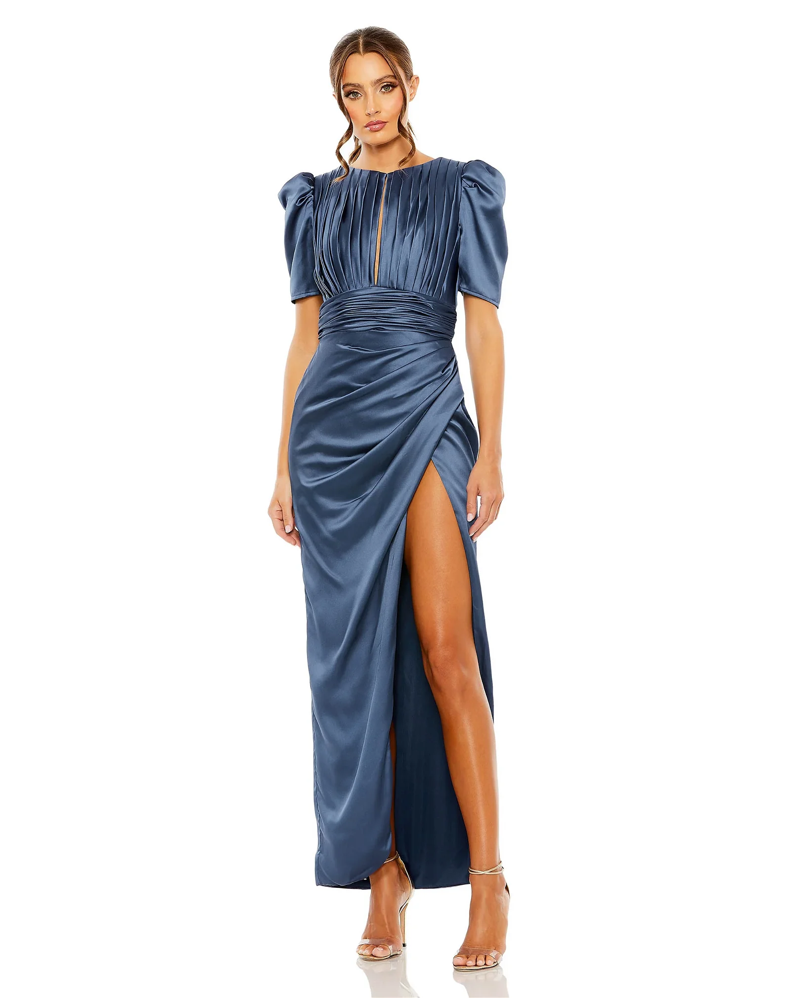 Image of Puff Sleeve Pleated Bodice Draped Gown