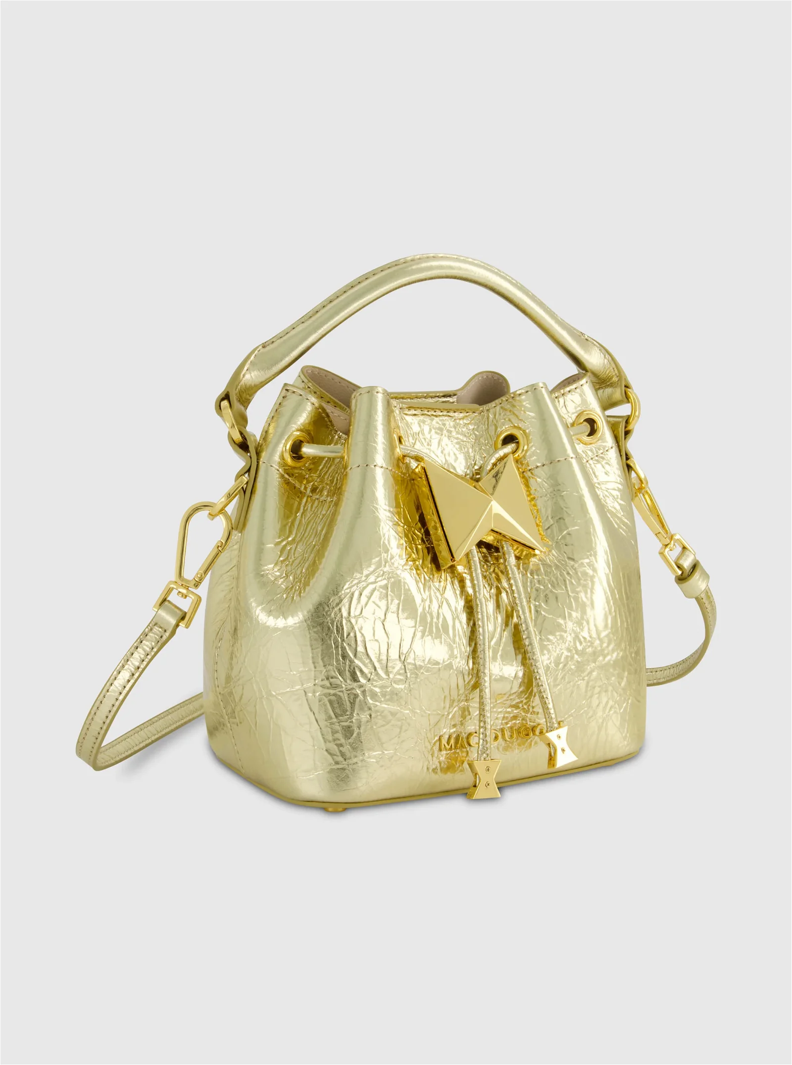Image of Crinkle Metallic Leather Mini Bucket Bag with Detachable Strap