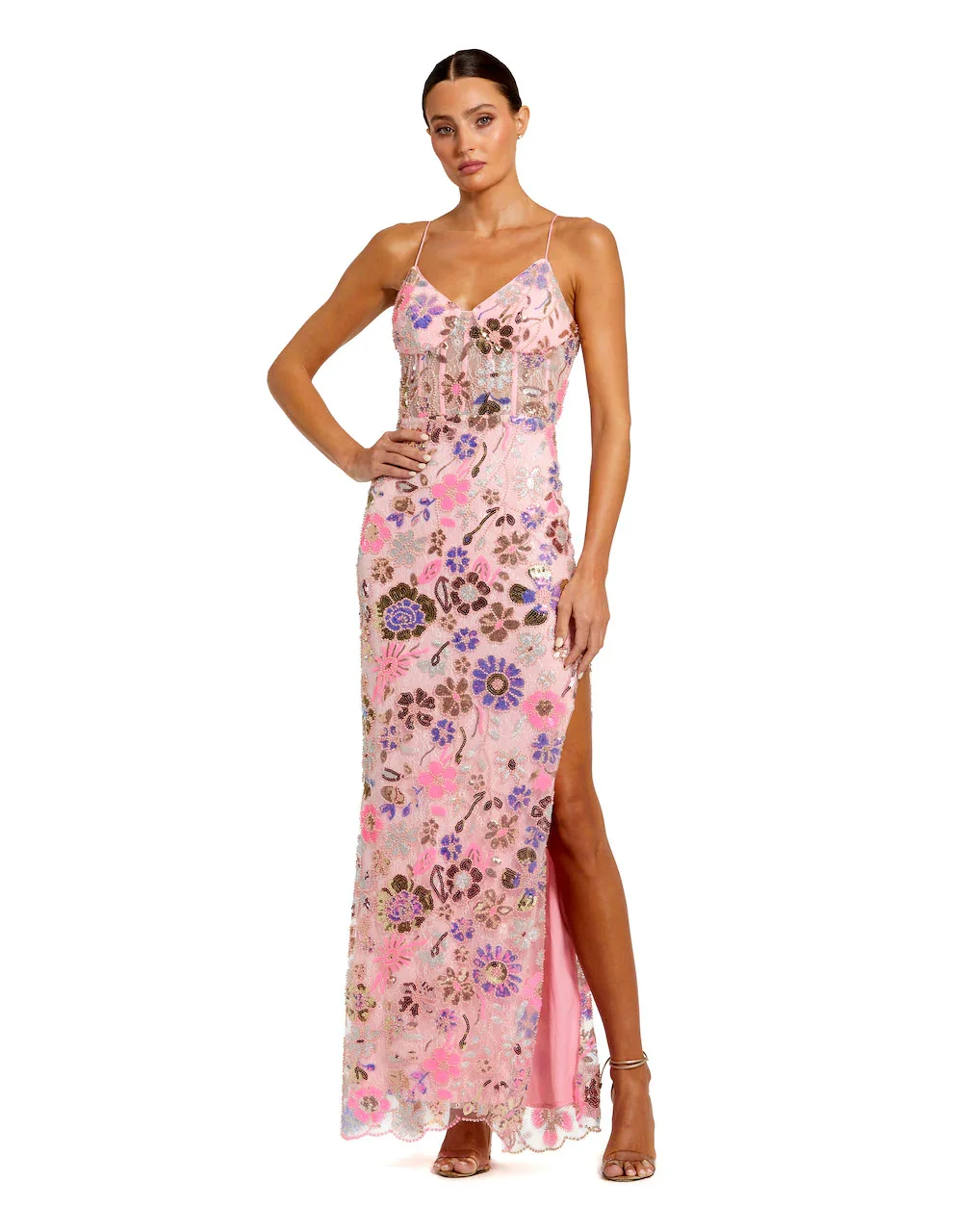 Image of Spaghetti Strap Bustier Applique Gown with Slit