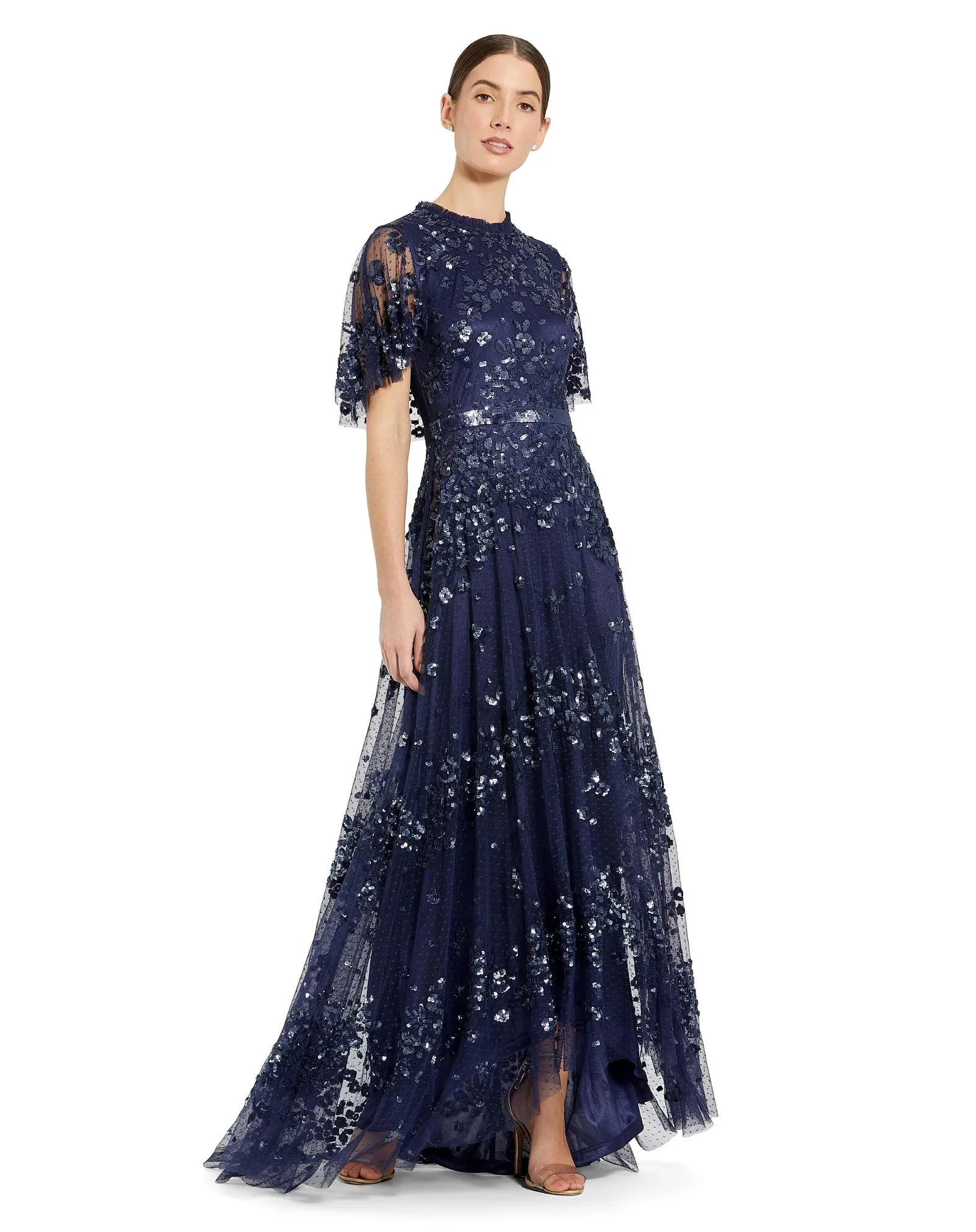 Image of Sequined High Neck Flutter Sleeve A Line Gown