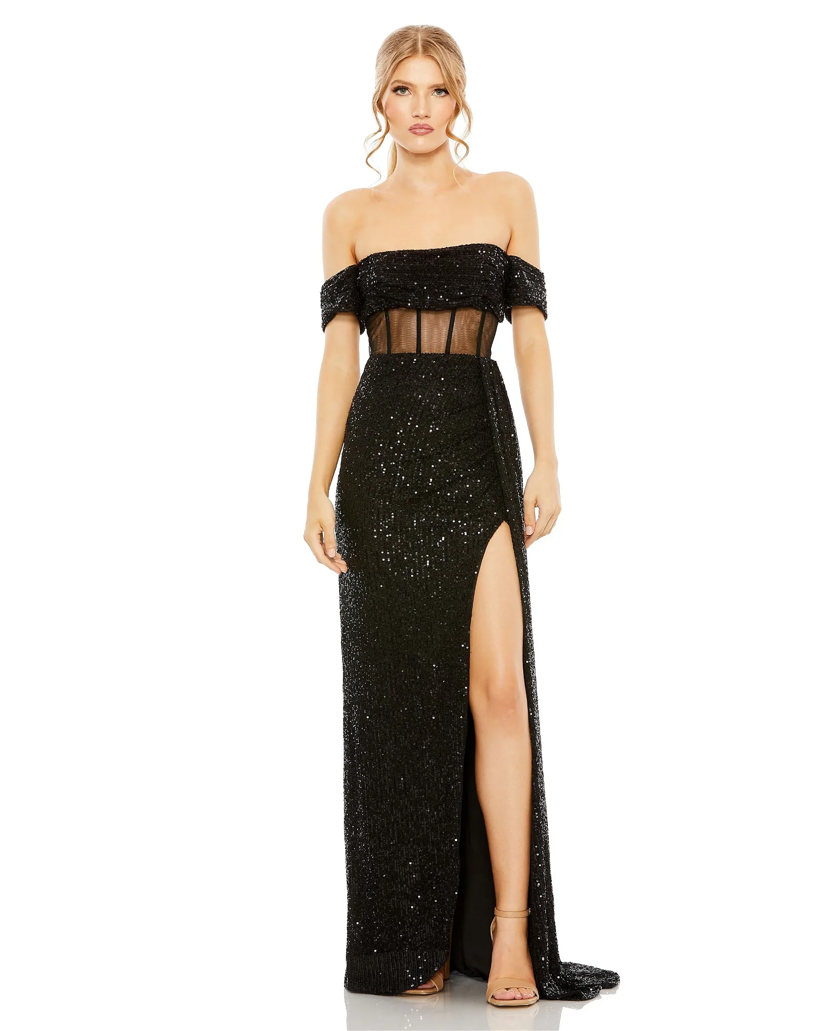 Image of Sequined Gown with Sheer Corset Waist and Slit