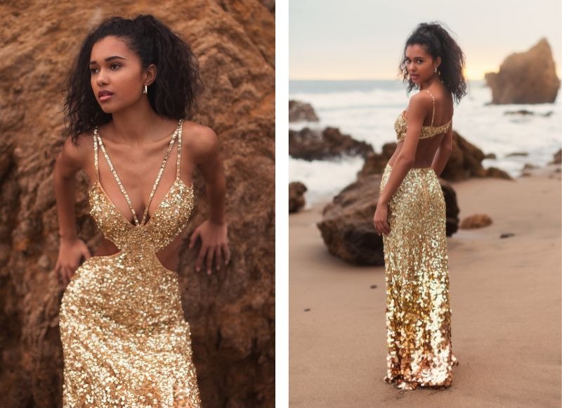 THIN STRAP CUT OUT GOWN WITH OMBRE SEQUINS