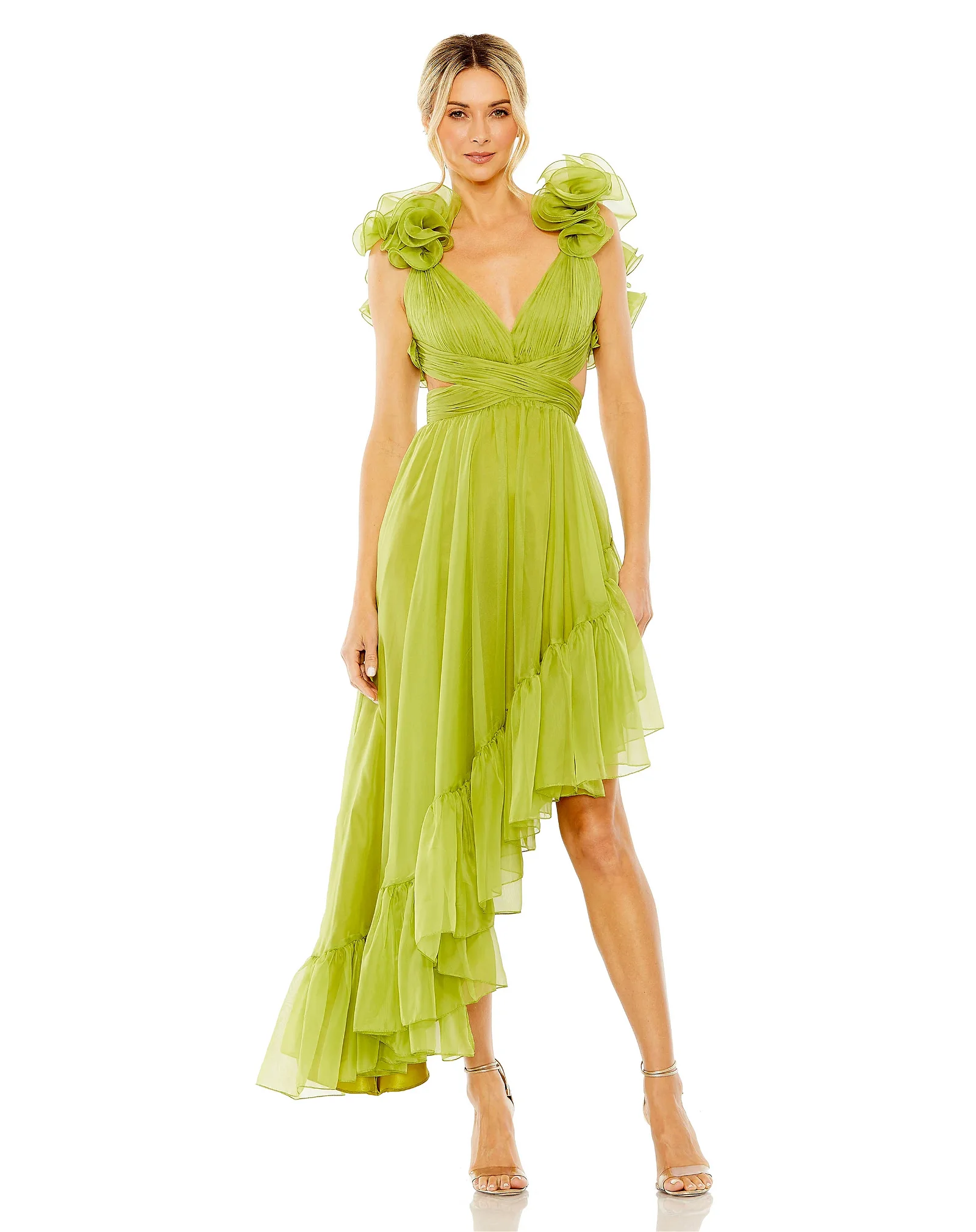 Image of Ruffle Tiered Cut-Out Chiffon High Low Gown