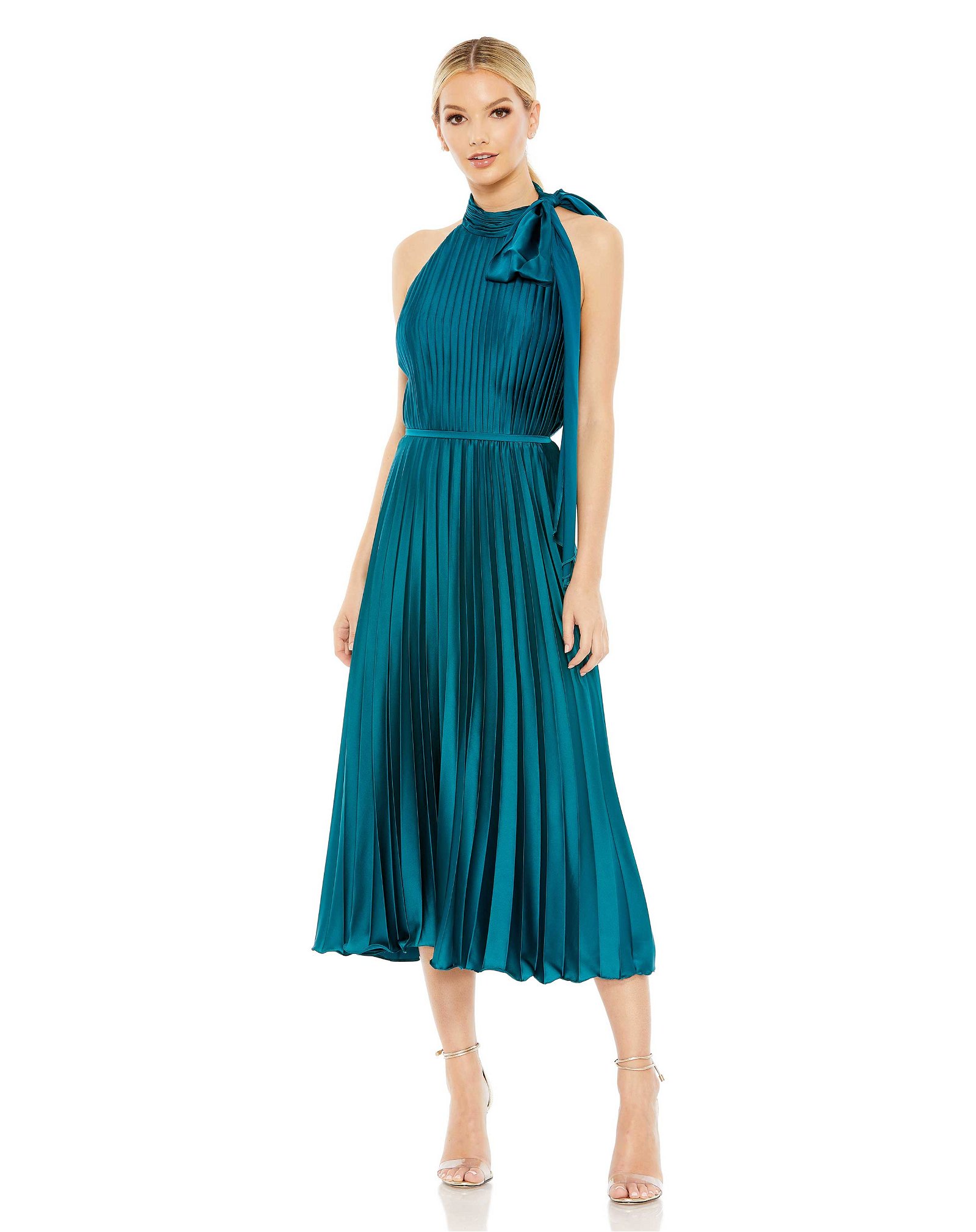 Image of Pleated High Neck Kitten Bow Midi Dress