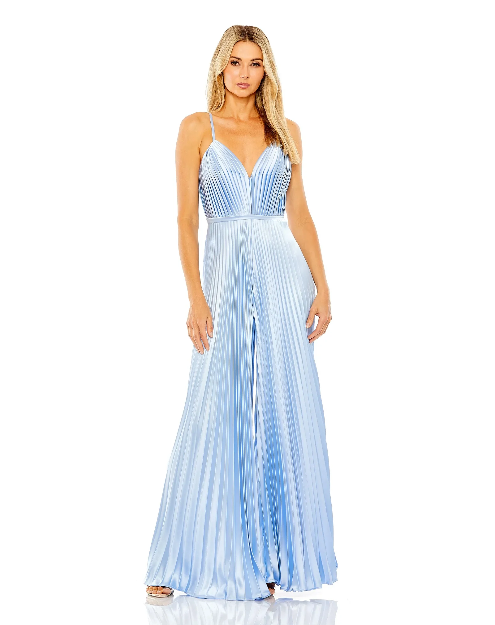 Image of Pleated Plunge Neck Wide Leg Jumpsuit