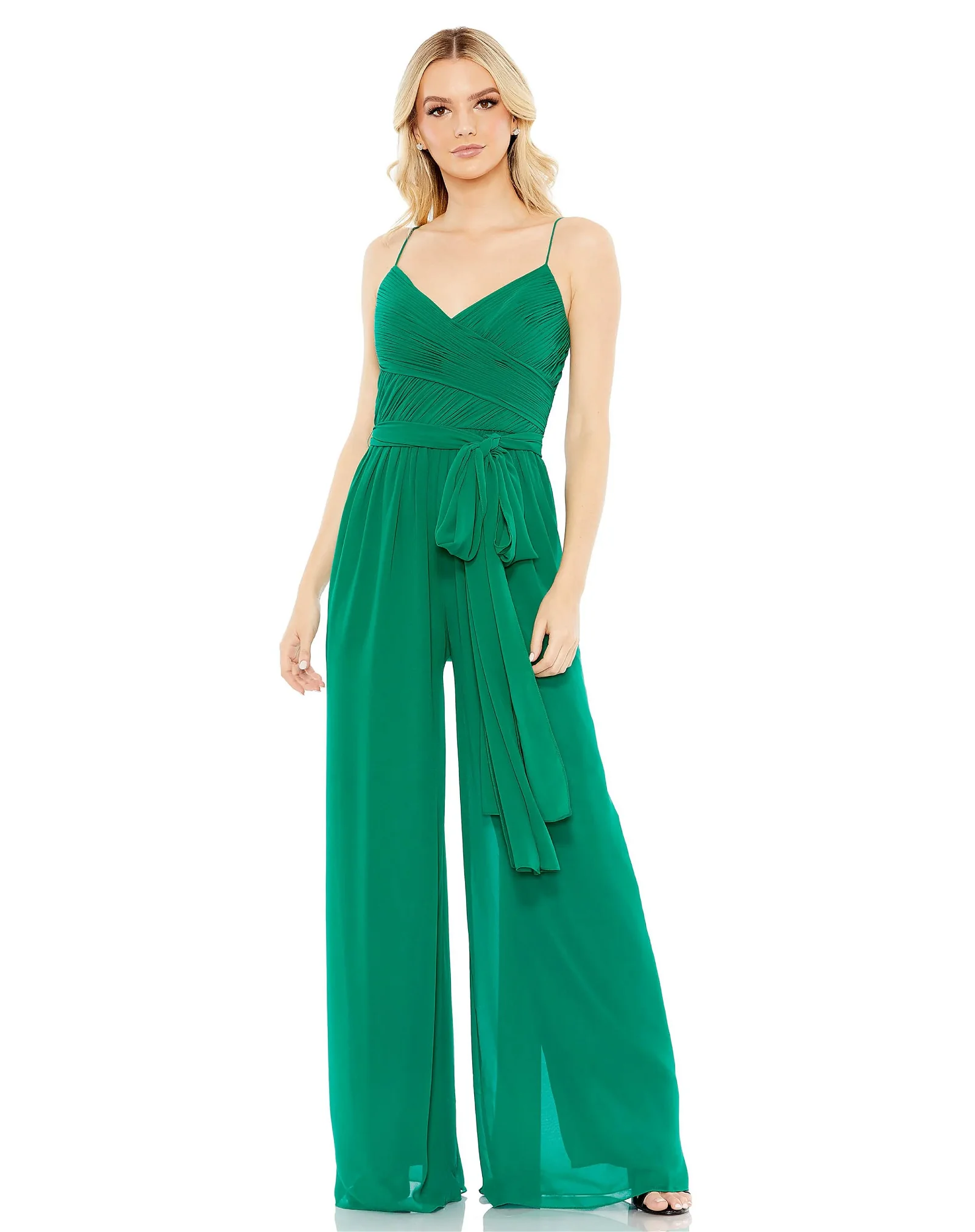 Image of Ruched Sleeveless Tie Jumpsuit