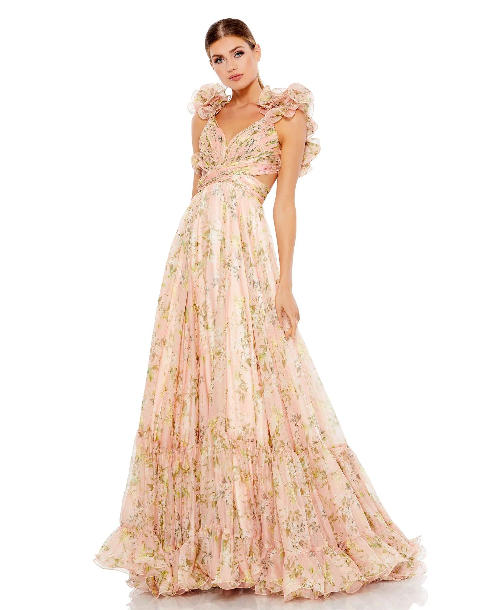 Image of Ruffle Tiered Floral Cut-Out Chiffon Gown