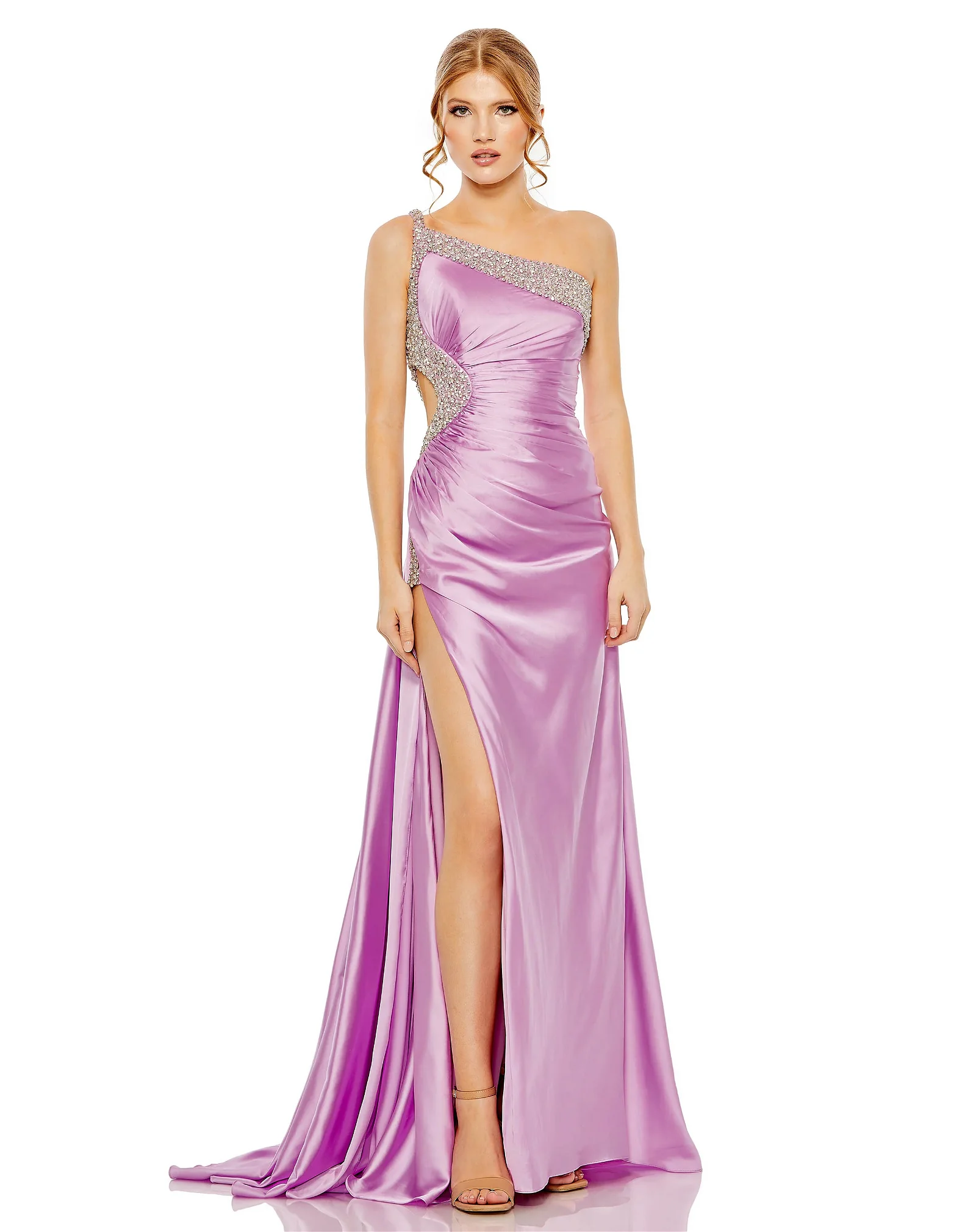 Image of Ruched One Shoulder Side Cutout Embellished Satin Gown