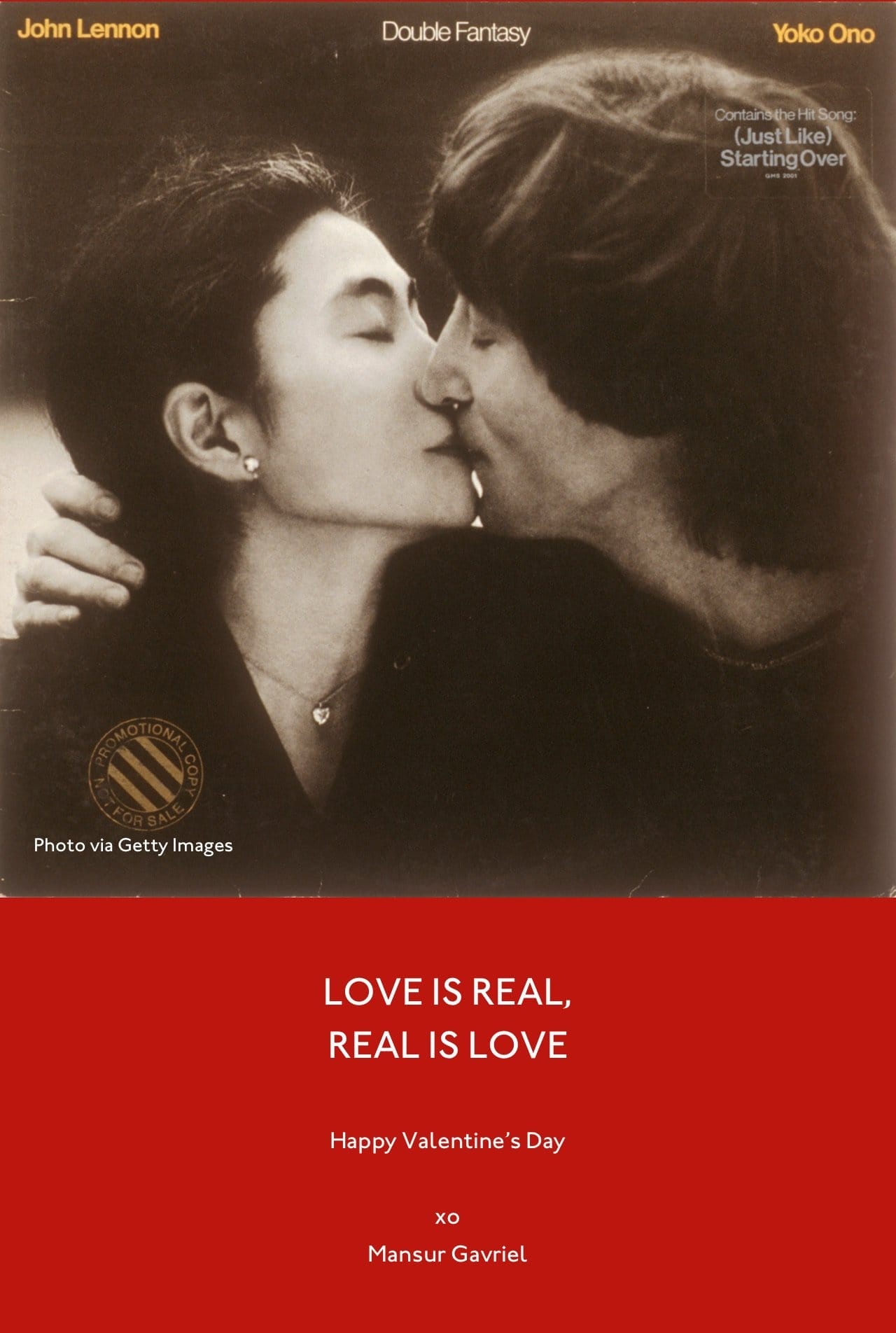 Love is real, real is love. Happy Valentine's Day xo Mansur Gavriel. Pictured: John Lennon and Yoko Ono's Double Fantasy album cover.