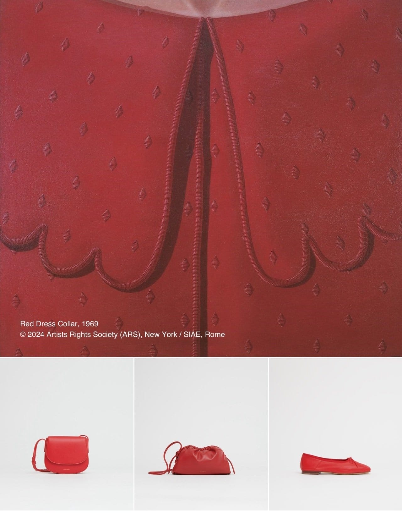 Shop bags and shoes inspired by Domenico Gnoli's piece Red Dress Collar, 1969.