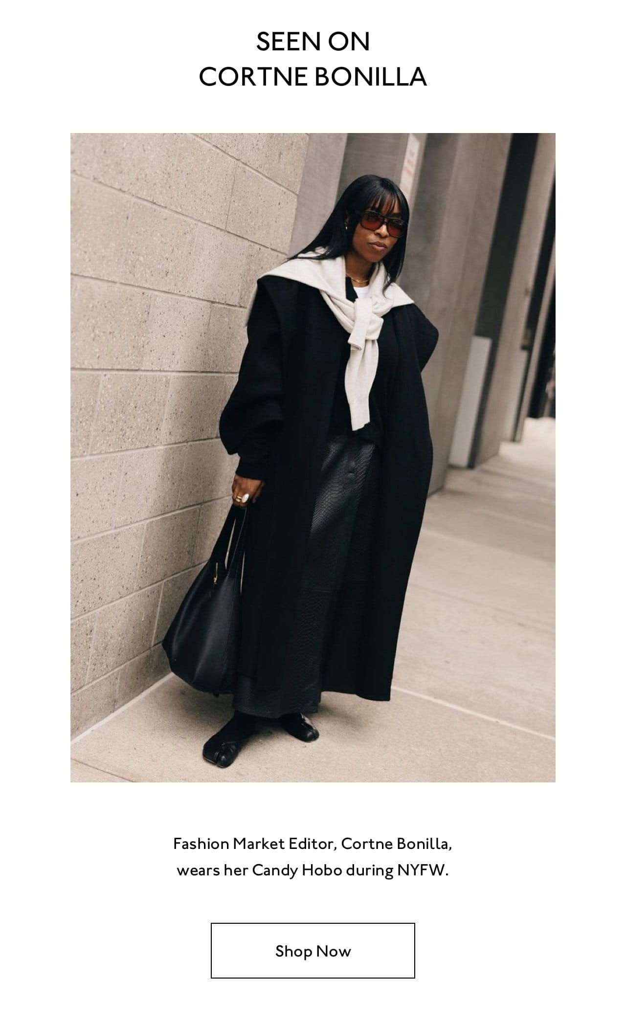 Seen on Cortne Bonilla, Fashion Market Editor: Candy Hobo in Black during New York Fashion Week.