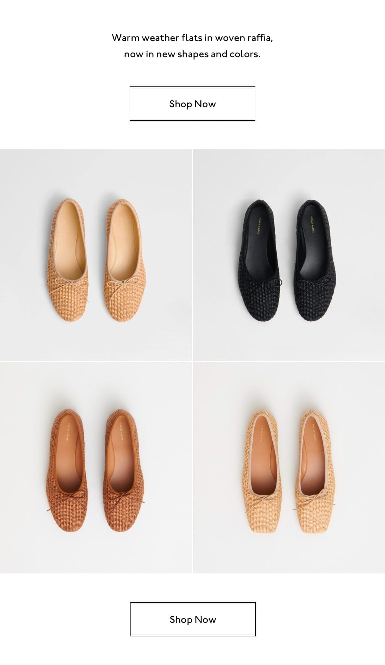 Warm weather flats in woven raffia, now in new shapes and colors.